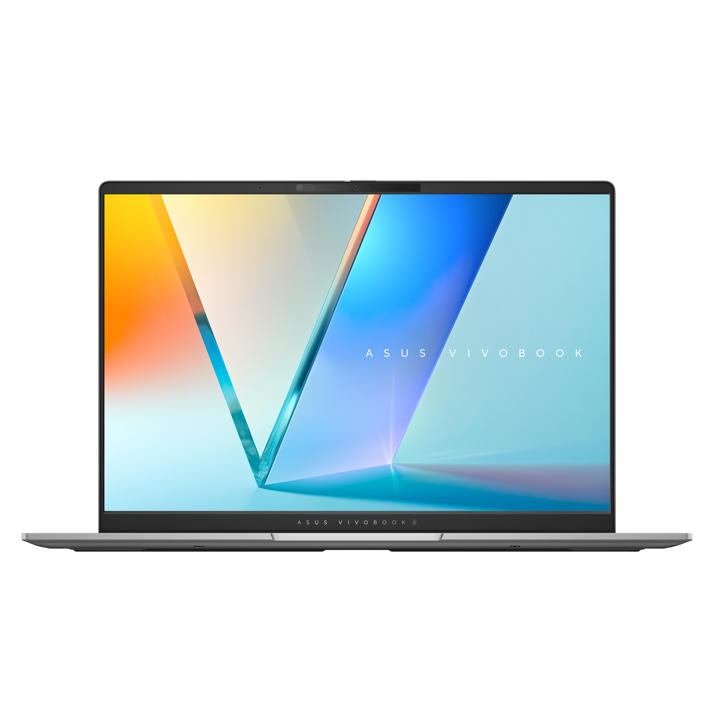 Laptop Asus Vivobook. Schermo astratto colorato. Corpo argento, cornice nera, sfondo bianco.
