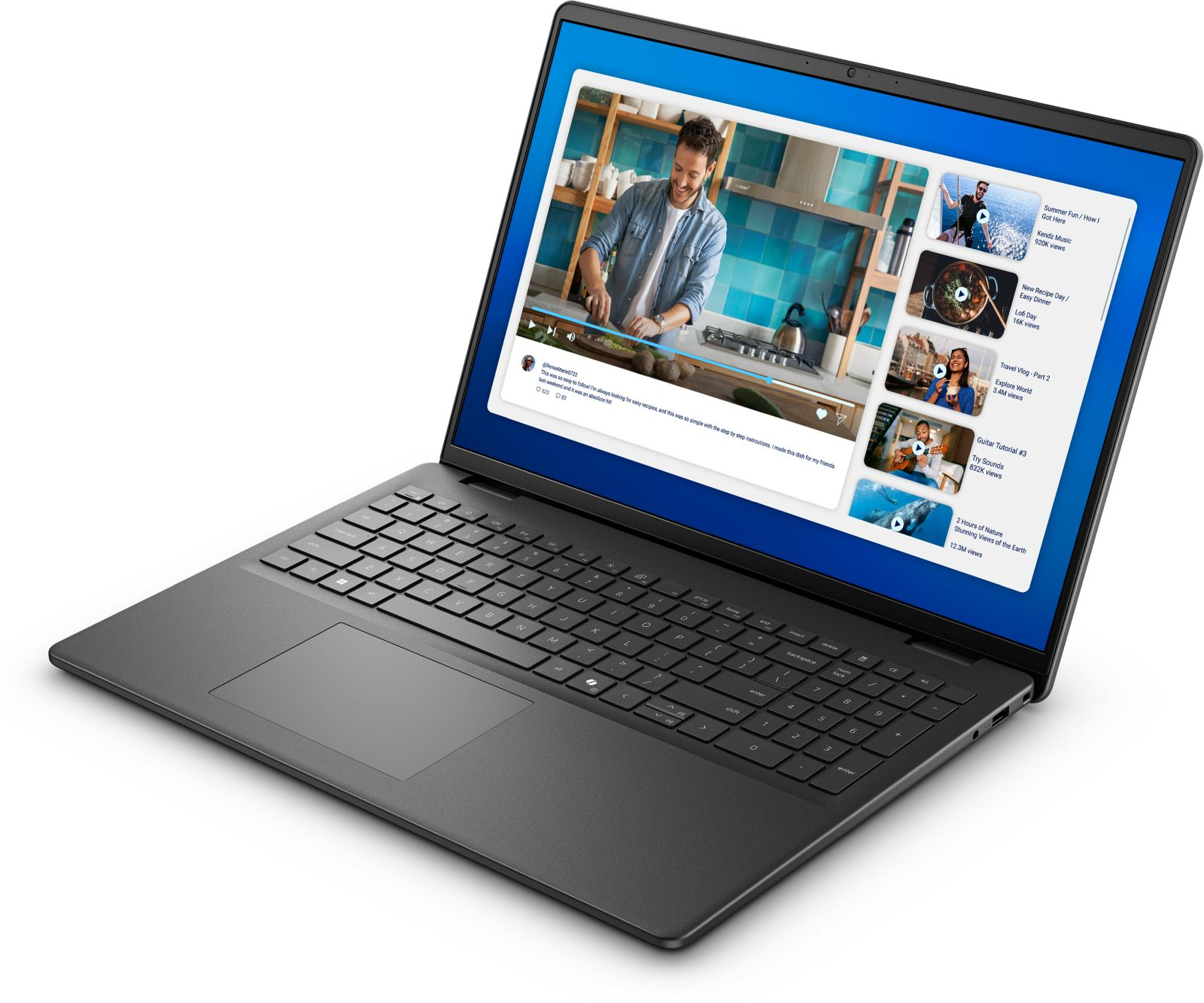 Ein Laptop zeigt ein Kochvideo. Ein Mann ist im Video zu sehen. Der Laptop hat eine Tastatur, ein Touchpad und einen Bildschirmrahmen.