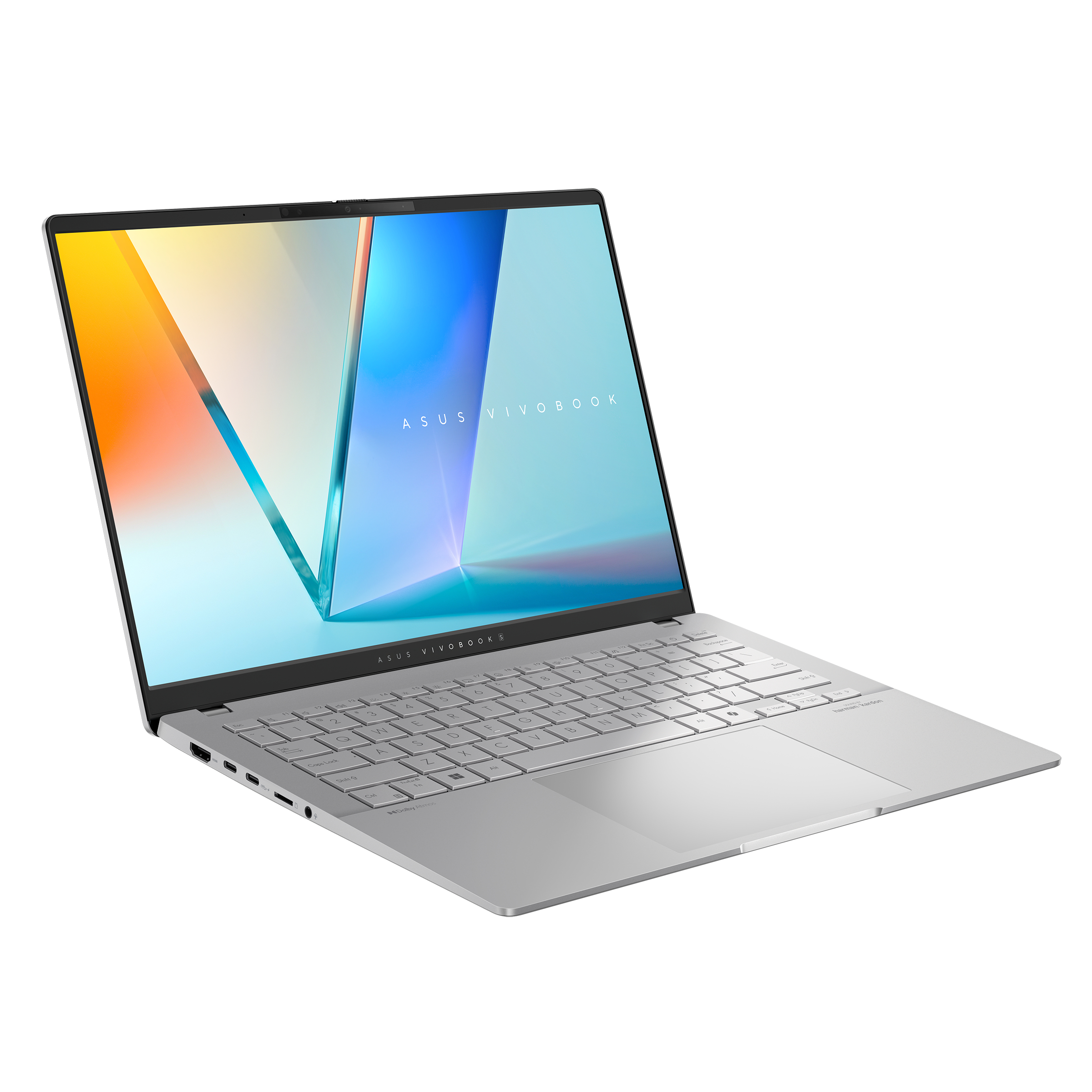Laptop argentato con schermo che mostra grafica colorata. Tastiera visibile. Marchio ASUS VIVOBOOK.