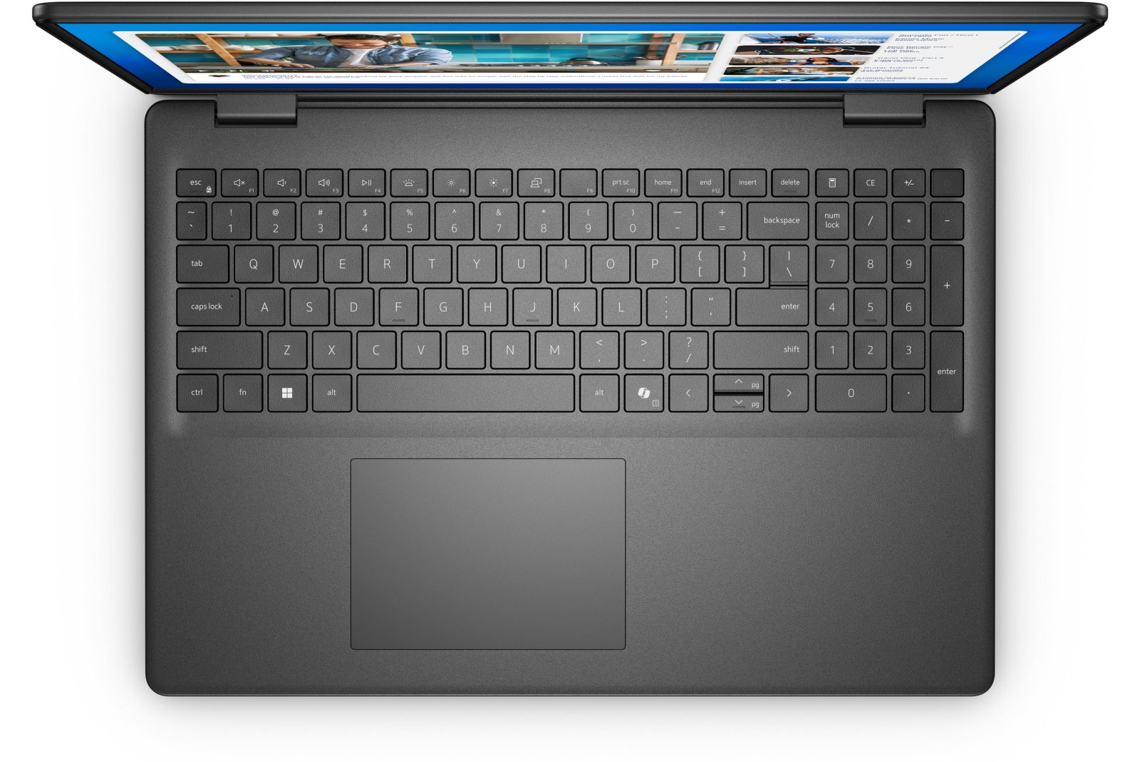Draufsicht auf einen Laptop. Der Bildschirm ist geöffnet und zeigt eine Webseite. Die Tastatur ist zentriert, darunter ein Touchpad.