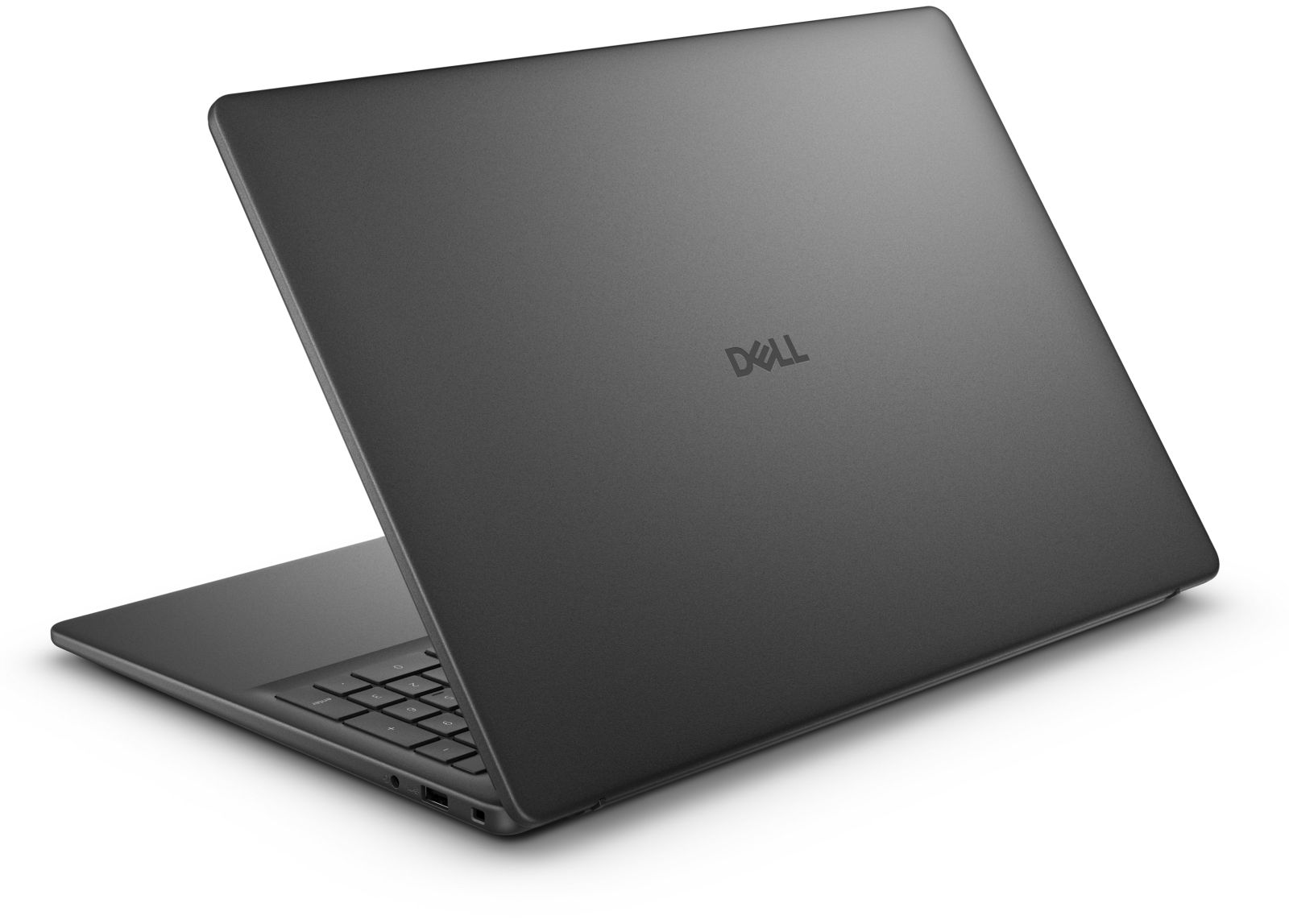 Ein dunkelgrauer Dell-Laptop ist leicht geöffnet auf einer weißen Oberfläche abgewinkelt. Das Dell-Logo ist sichtbar.