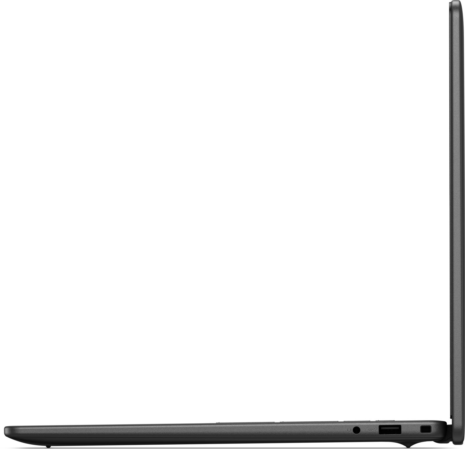 Seitenansicht eines geschlossenen schwarzen Laptops. Zeigt das Seitenprofil mit Anschlüssen und einem dünnen Bildschirm.