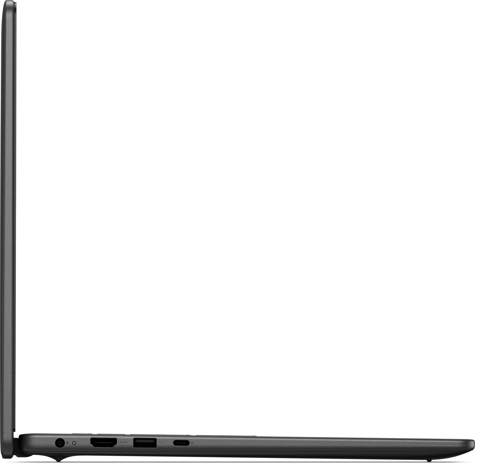 Seitenansicht eines dunkelgrauen Laptops. Der Bildschirm ist geschlossen. Anschlüsse sind an der Seite sichtbar.