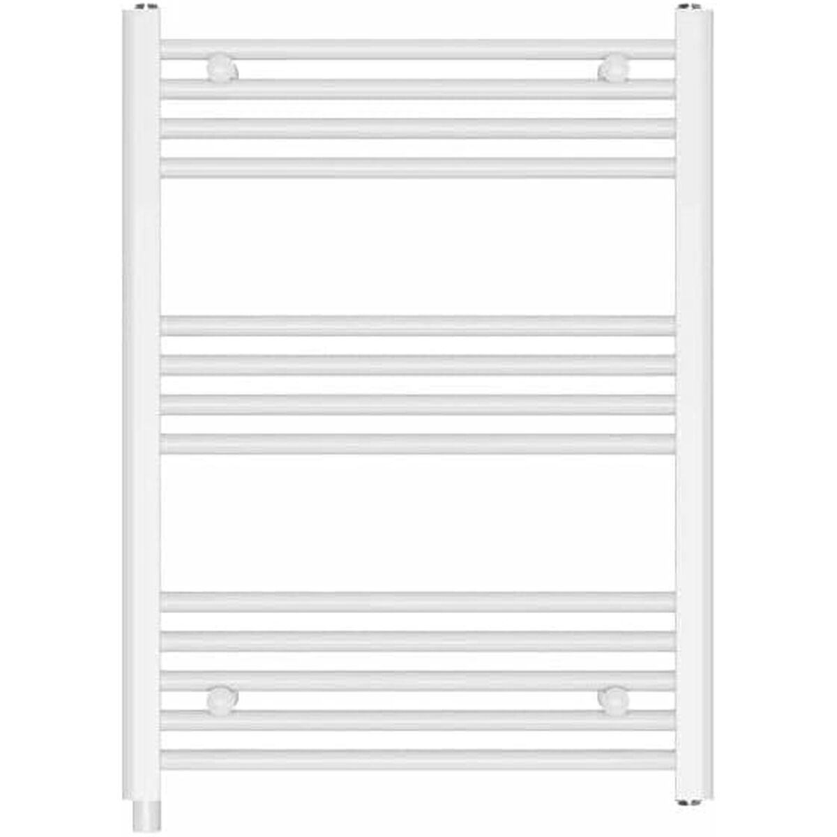 Biały, montowany na ścianie grzejnik do ręczników z poziomymi prętami. Ma prostokątny kształt i jest na białym tle.