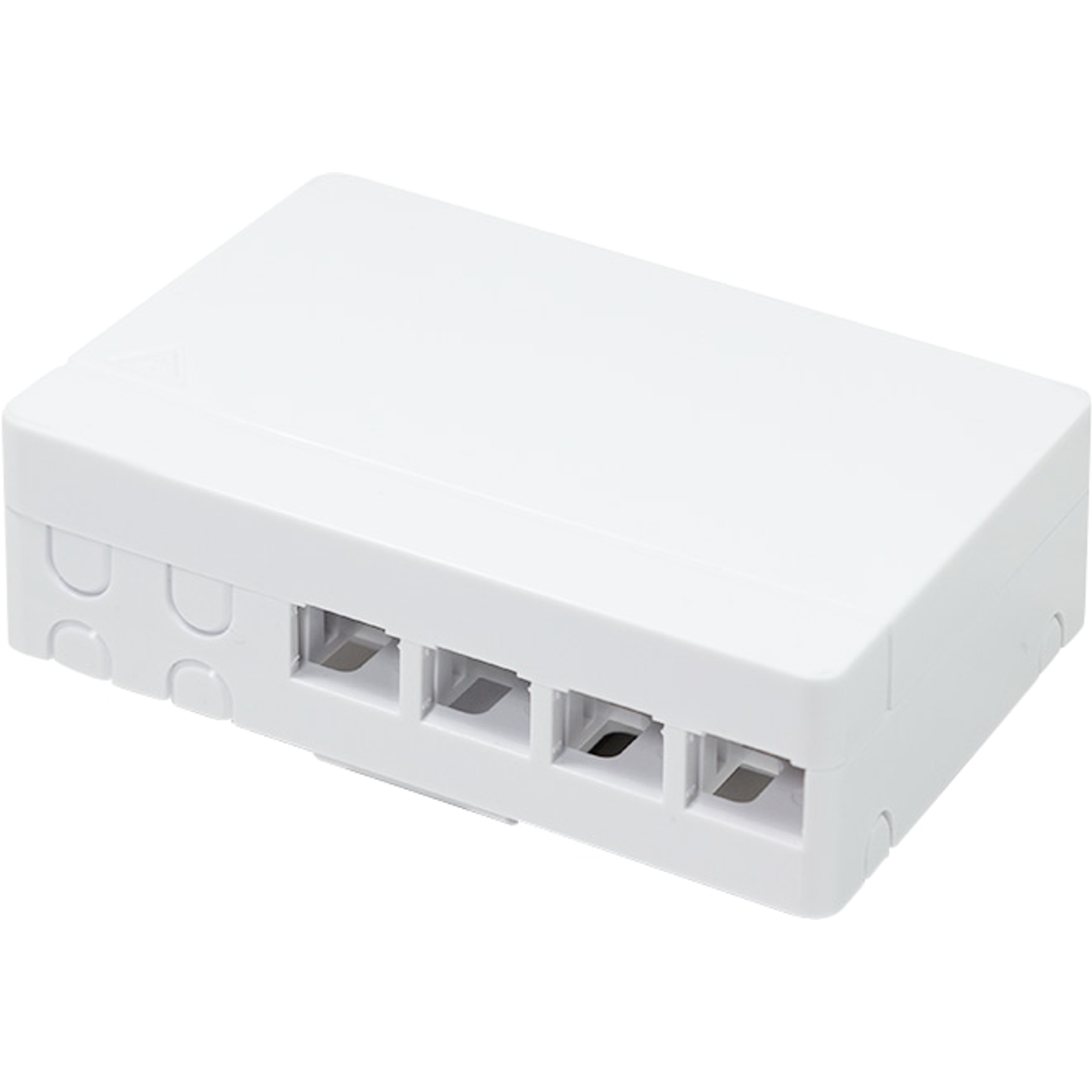 Białe prostokątne pudełko z czterema prostokątnymi otworami z przodu. Pudełko to prawdopodobnie komponent sieciowy lub elektryczny.