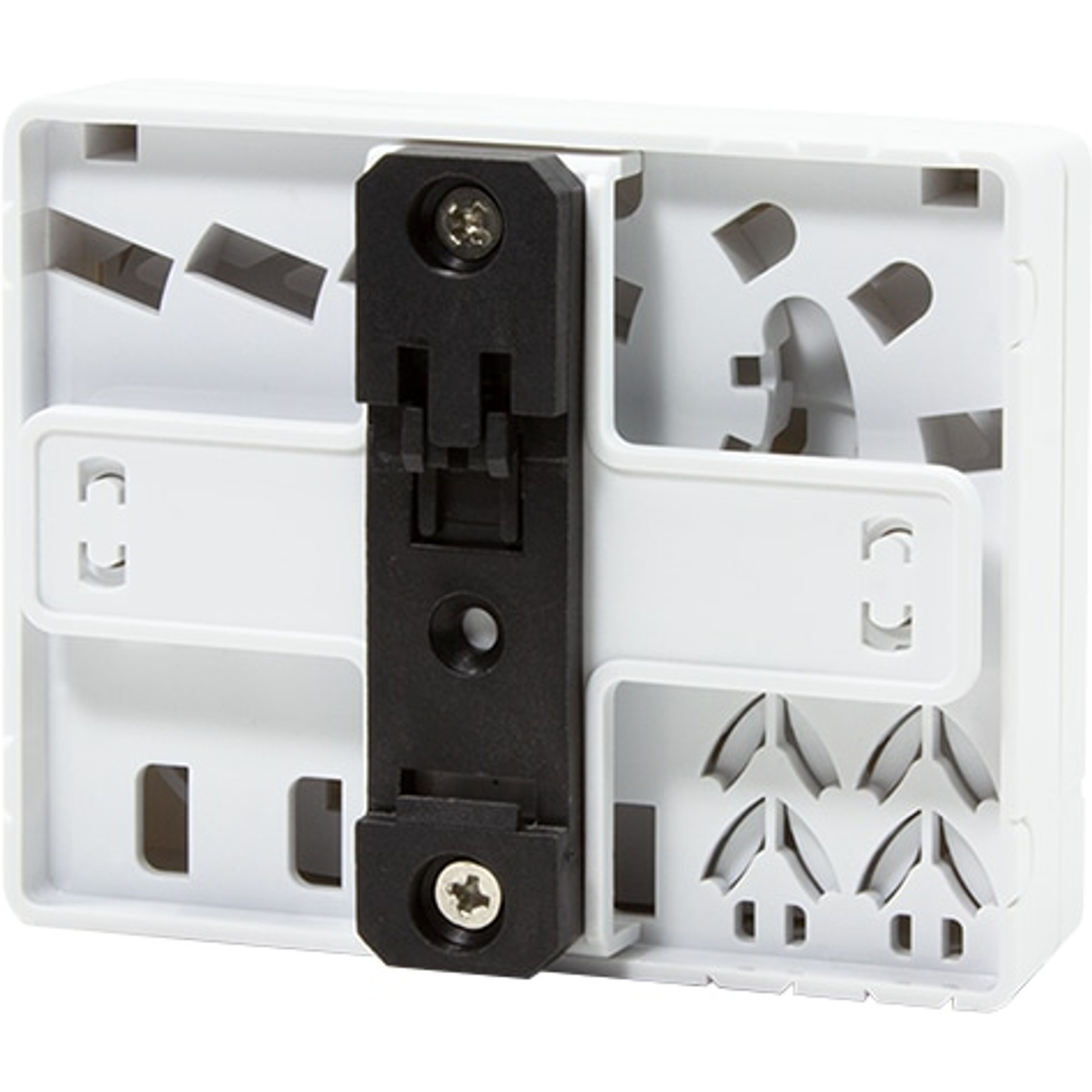 Biały plastikowy element elektryczny z czarnym wspornikiem montażowym, śrubami i różnymi wycięciami.