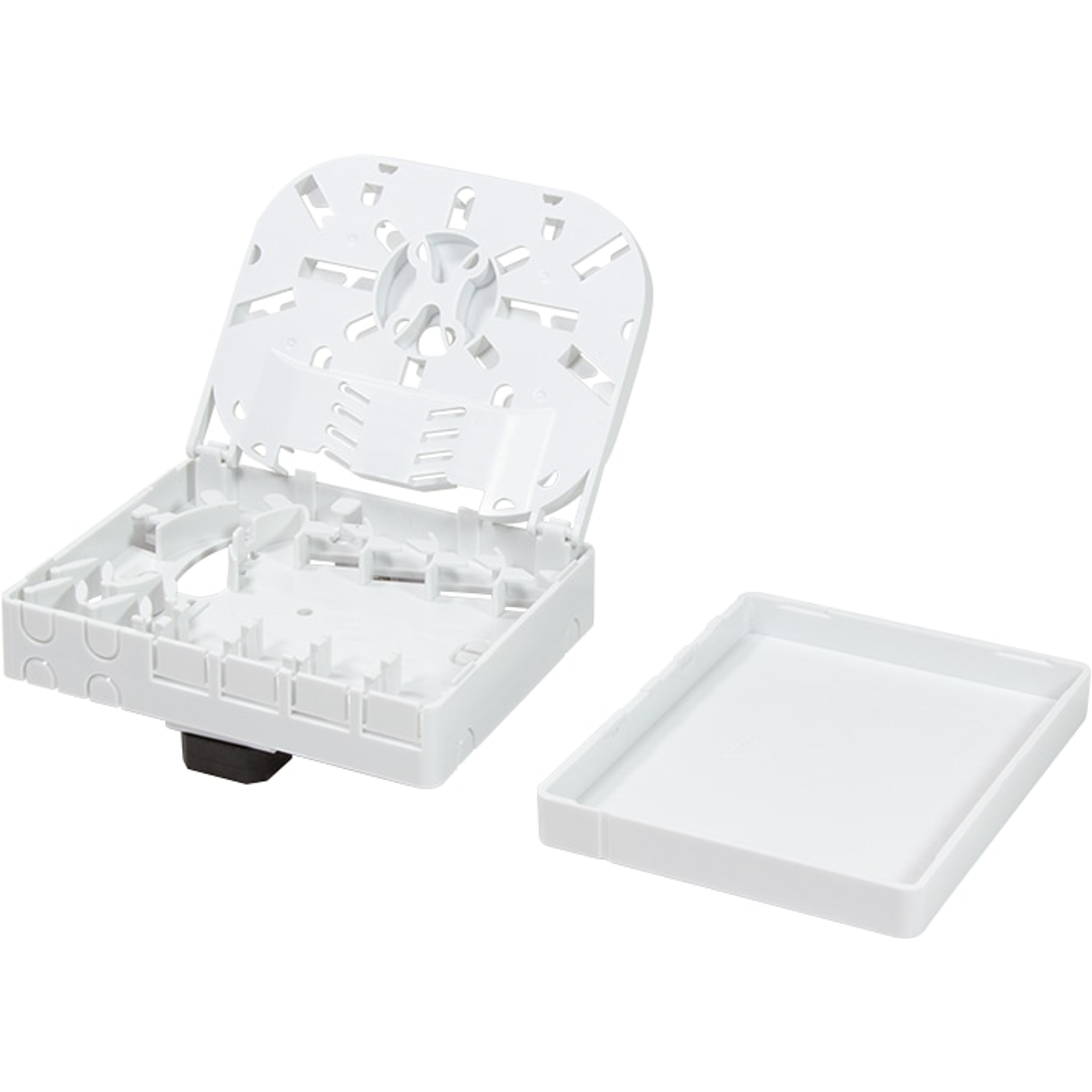 Białe, otwarte plastikowe pudełko z pokrywą, do kabli sieciowych. Pokrywa jest oddzielona i umieszczona obok pudełka.