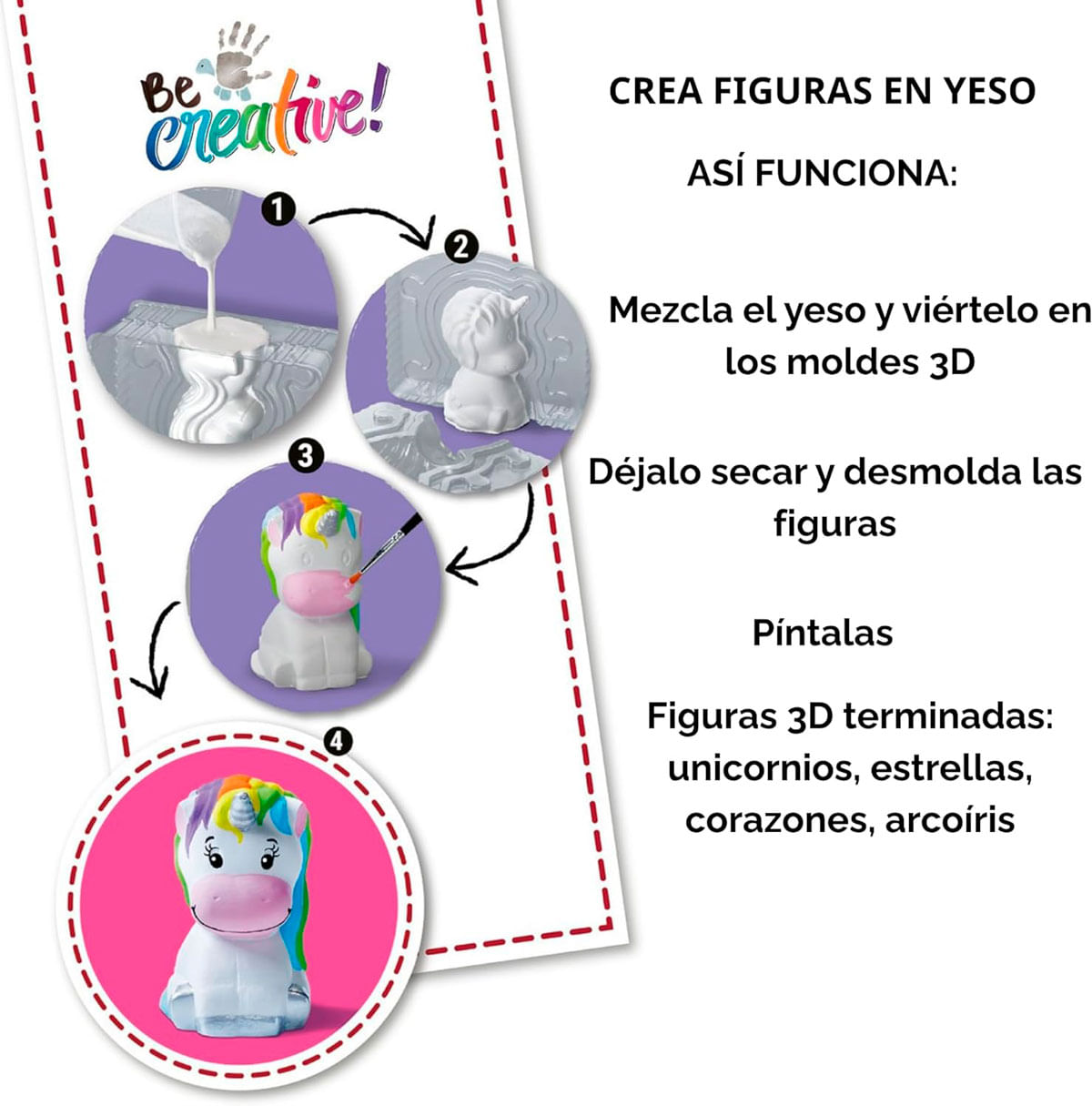 Instrukcje tworzenia figurek gipsowych: wymieszaj gips, wlej do foremek, pozostaw do wyschnięcia, wyjmij z formy i pomaluj. Gotowe figurki obejmują jednorożce.