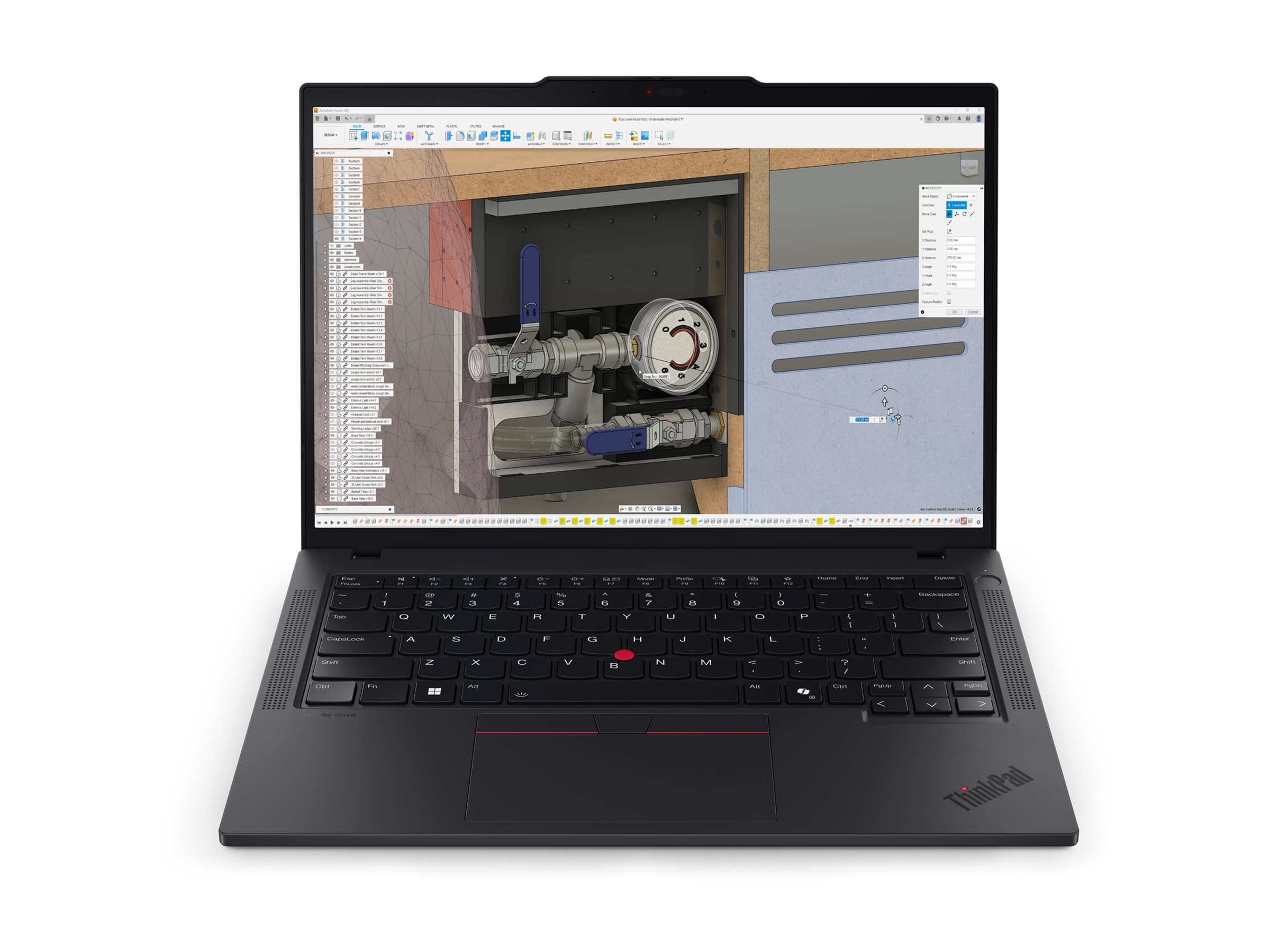 Schwarzer Laptop mit 3D-Design auf dem Bildschirm, zeigt Sanitär und Tastatur.
