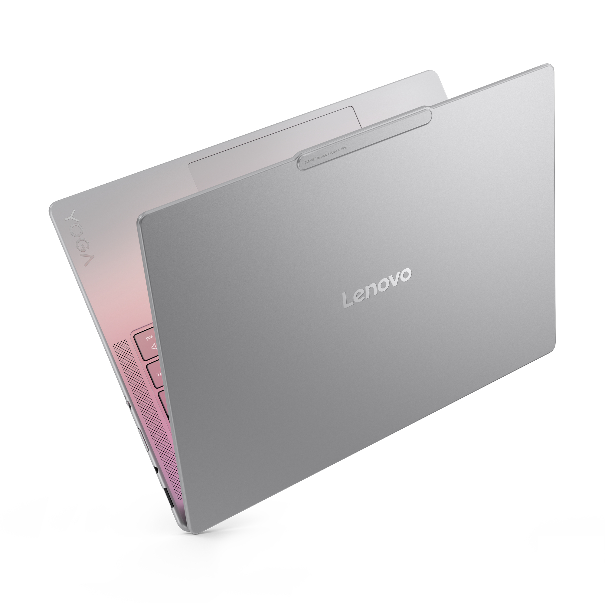 Srebrny laptop Lenovo Yoga, częściowo otwarty, z różową klawiaturą. Widoczne logo Lenovo.