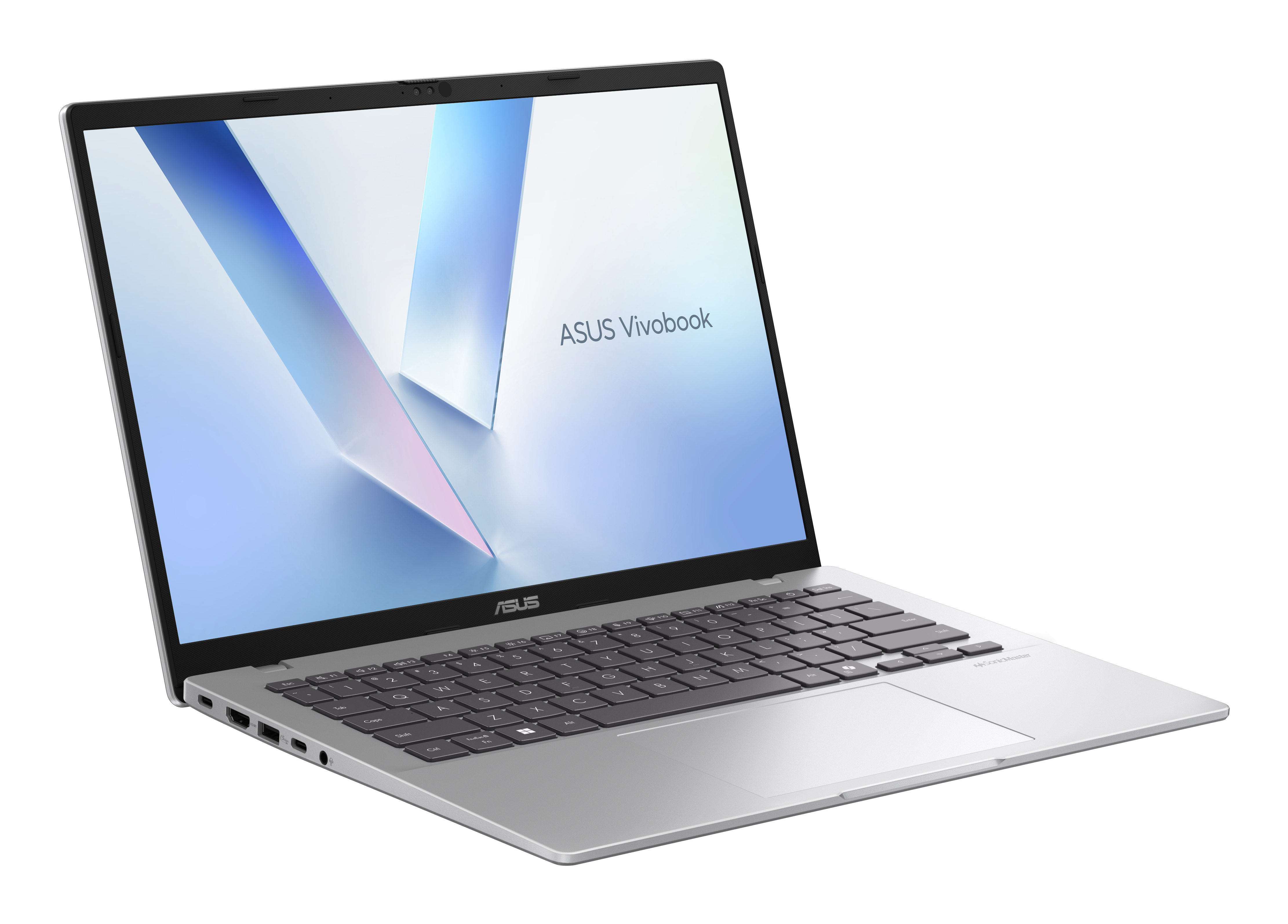Ordinateur portable ASUS Vivobook argenté, ouvert, sur fond blanc. L'écran affiche des formes abstraites bleues et blanches. Clavier visible.