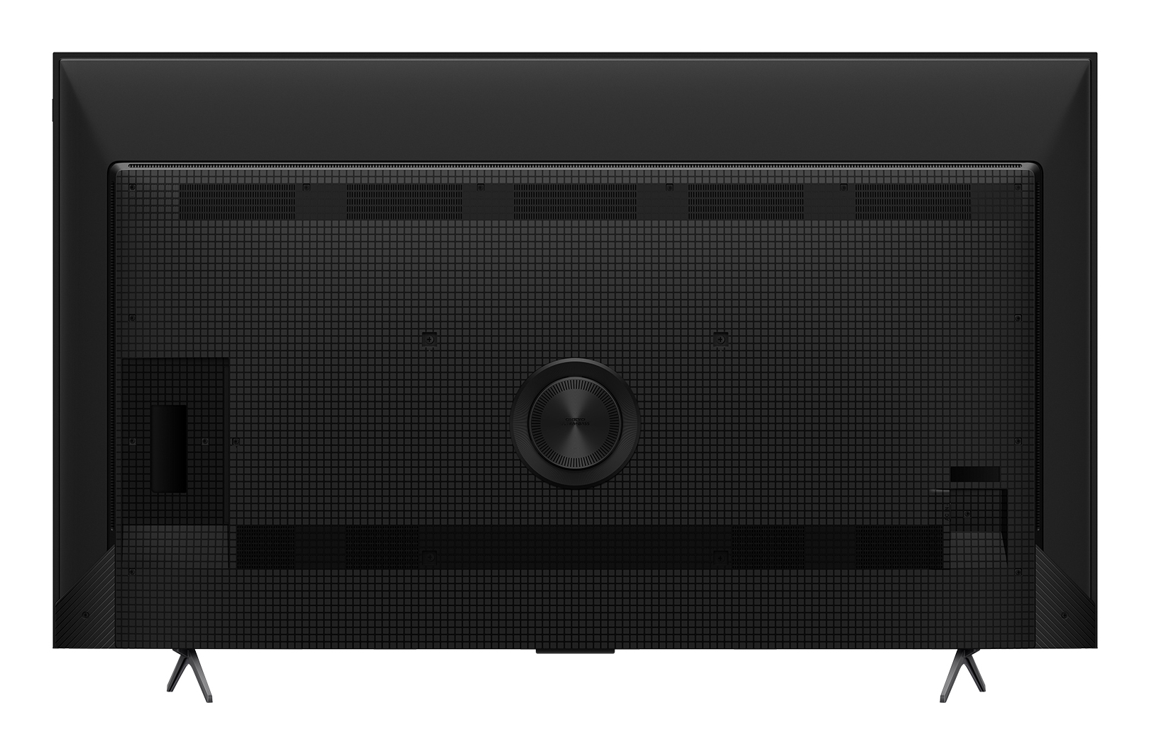 Widok z tyłu czarnego telewizora z teksturowanym tyłem, centralnym okrągłym elementem i dwoma nogami w kształcie litery V.
