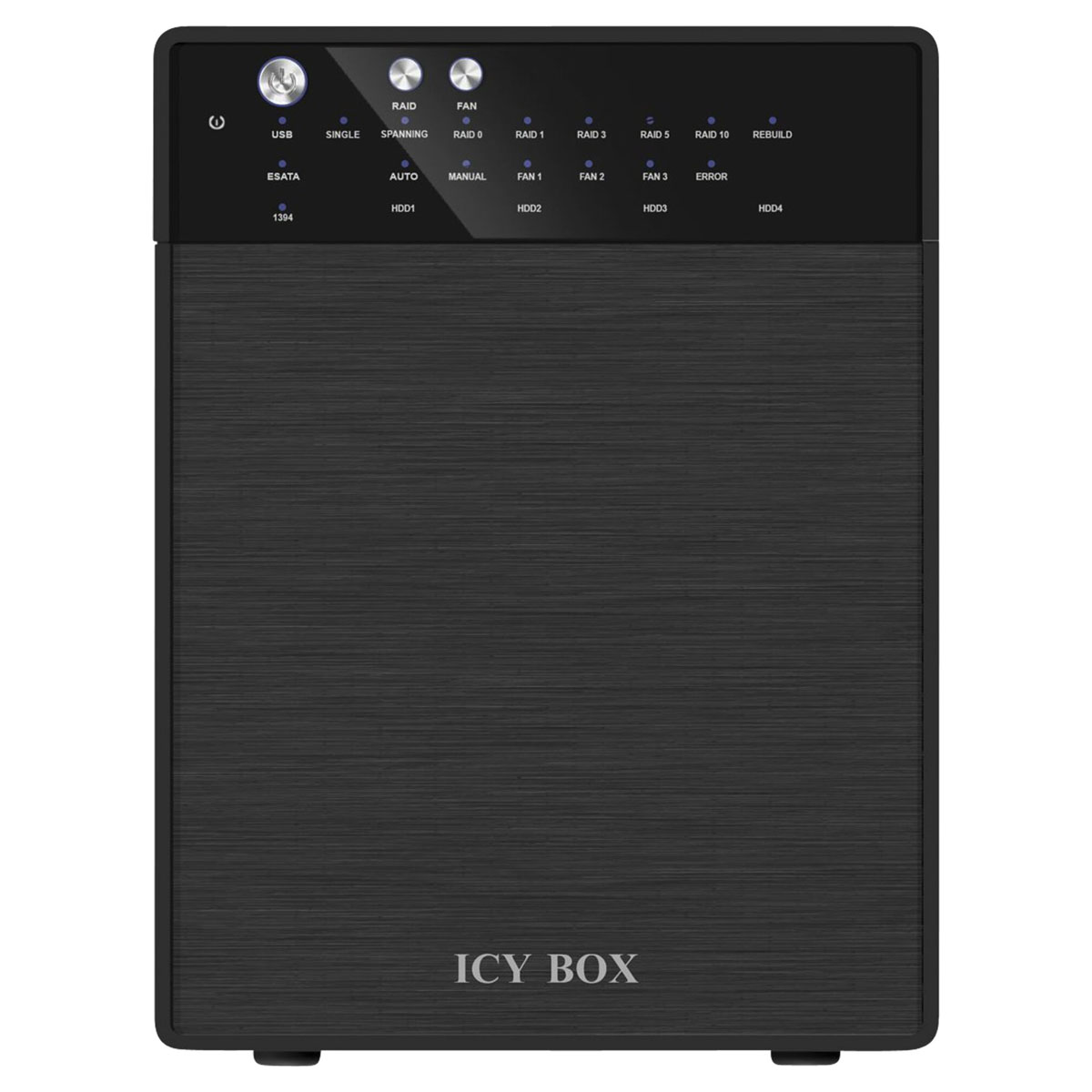 Czarna obudowa serwera Icy Box ze wskaźnikami i przyciskami. Etykiety obejmują wskaźniki USB, RAID, FAN i HDD.