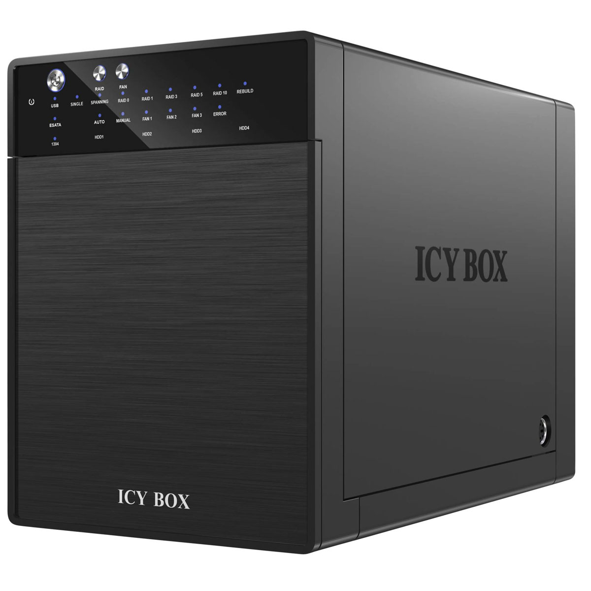 Czarny NAS Icy Box. Ma przyciski i diody statusu. Przód ma wygląd szczotkowanego metalu. Widoczna jest nazwa marki.