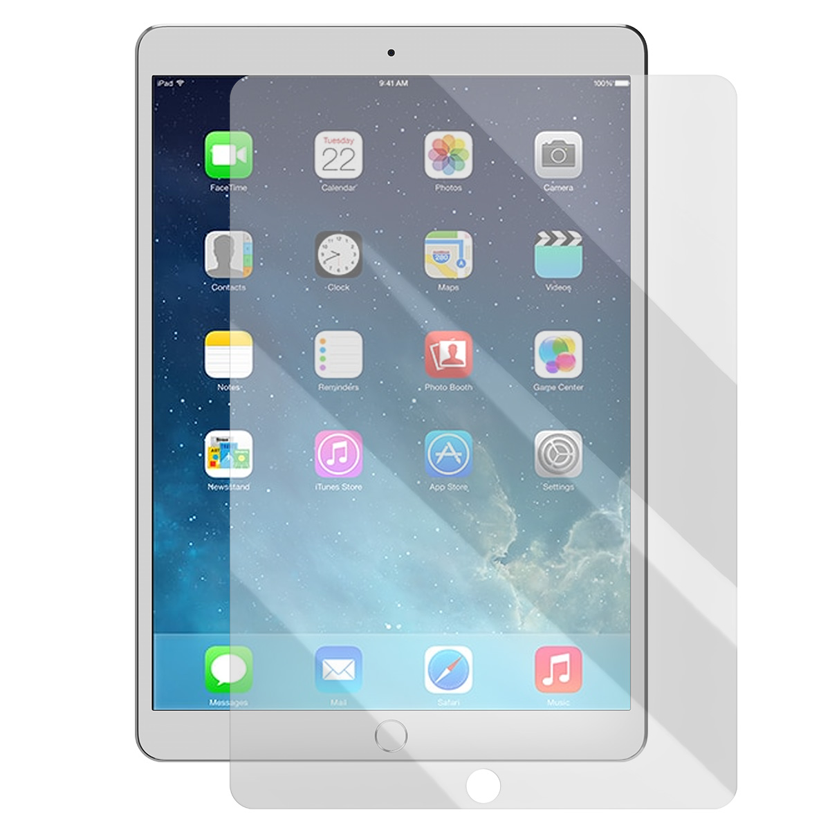 Un iPad con protezione schermo mostra icone di app: FaceTime, Calendario, Foto, Fotocamera, Contatti, Orologio, Mappe, Video.