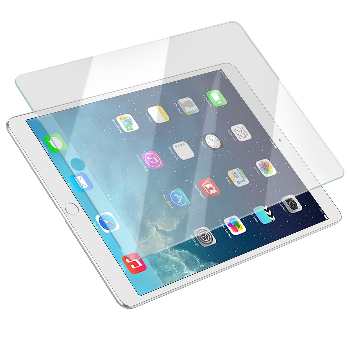 Un iPad argentato con protezione schermo. Lo schermo mostra icone di app. La protezione è leggermente sollevata.