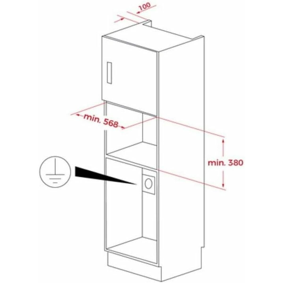 Schemat szafki pokazujący wymiary: 100, min. 568 i min. 380. Zawiera drzwi, półkę i okrągłe pokrętło.
