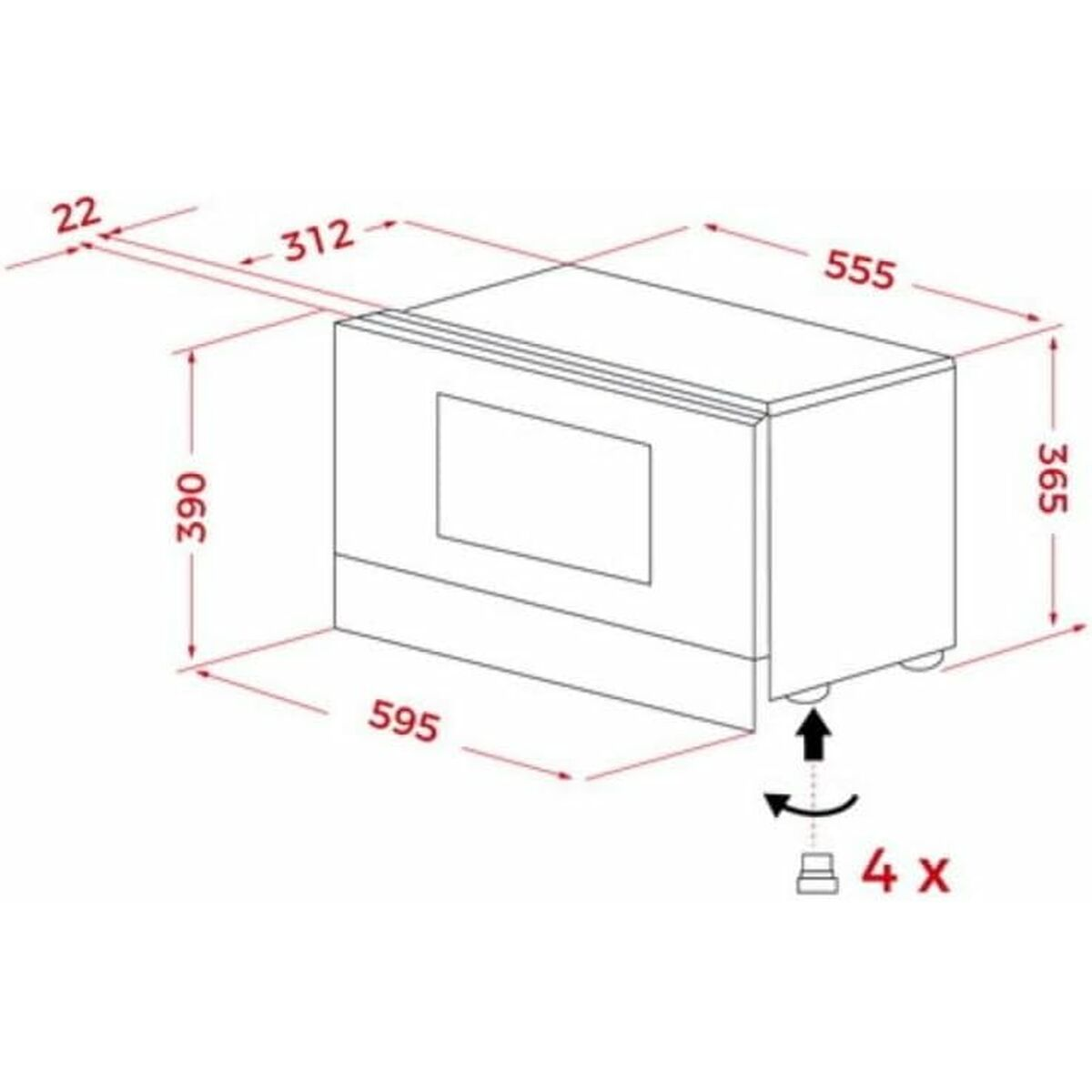 Diagram szafki z wymiarami. Strzałki wskazują umiejscowienie szafki i jej elementów.