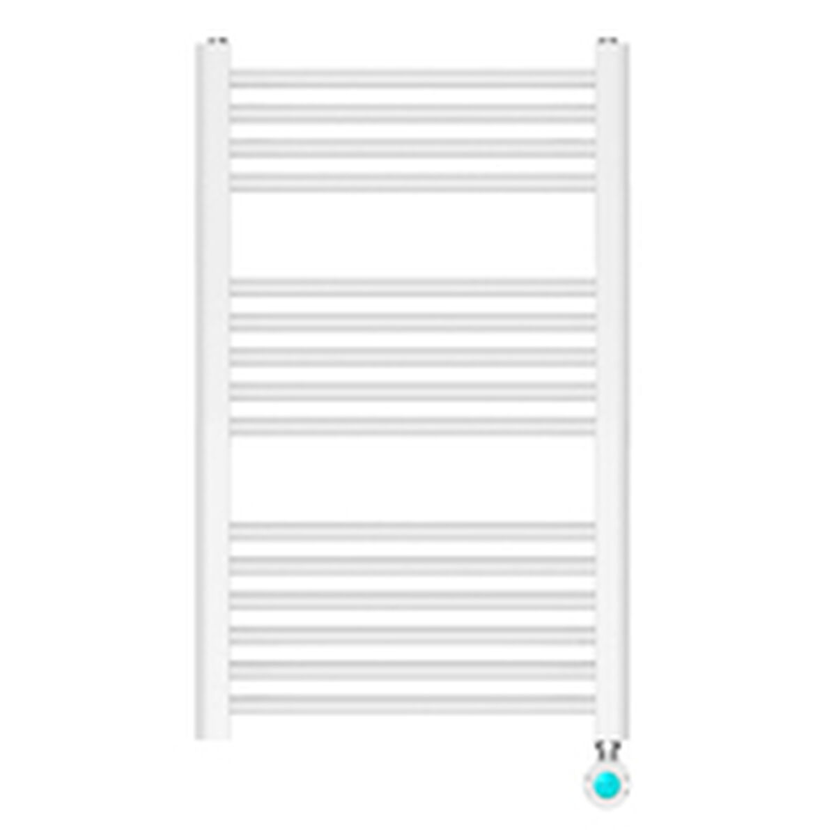 Biały, ścienny podgrzewacz do ręczników. Ma poziome pręty i pokrętło u dołu. Tło jest białe.