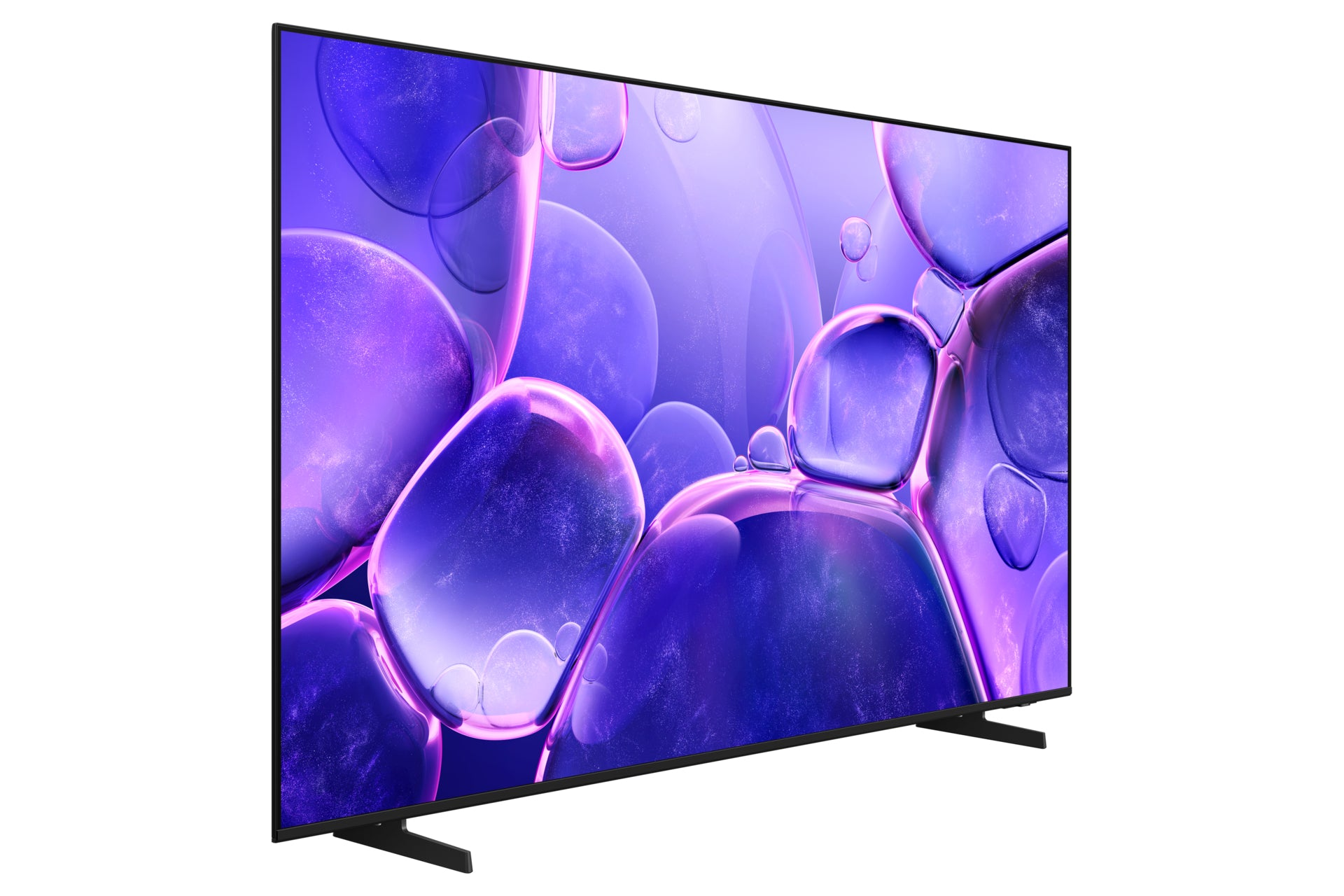 Un grand téléviseur affiche un motif abstrait violet et bleu. Il a des pieds et un cadre noirs, légèrement inclinés vers le spectateur.