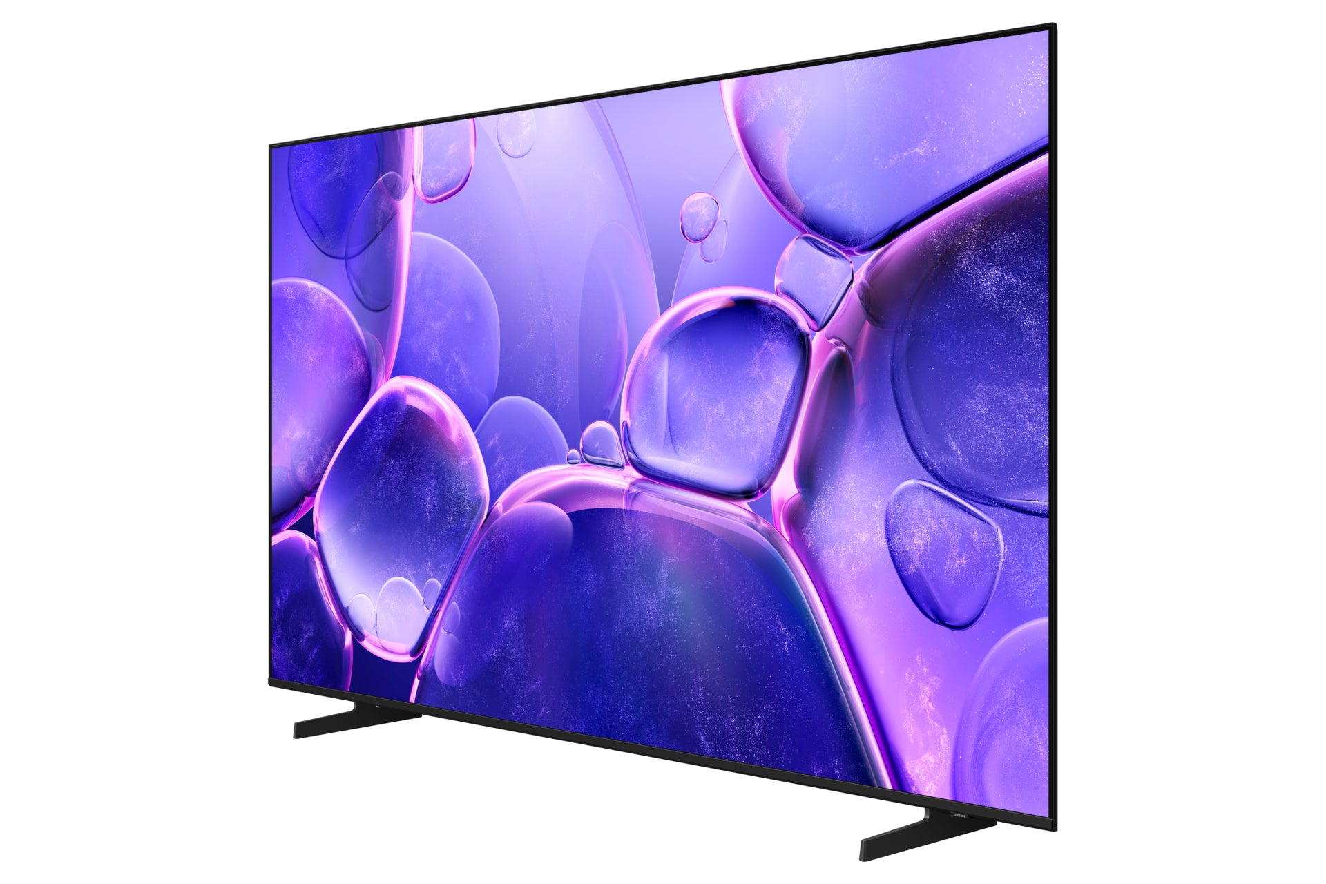 Grande télévision sur fond blanc. L'écran affiche un design abstrait violet et bleu. Support noir soutient la télévision.