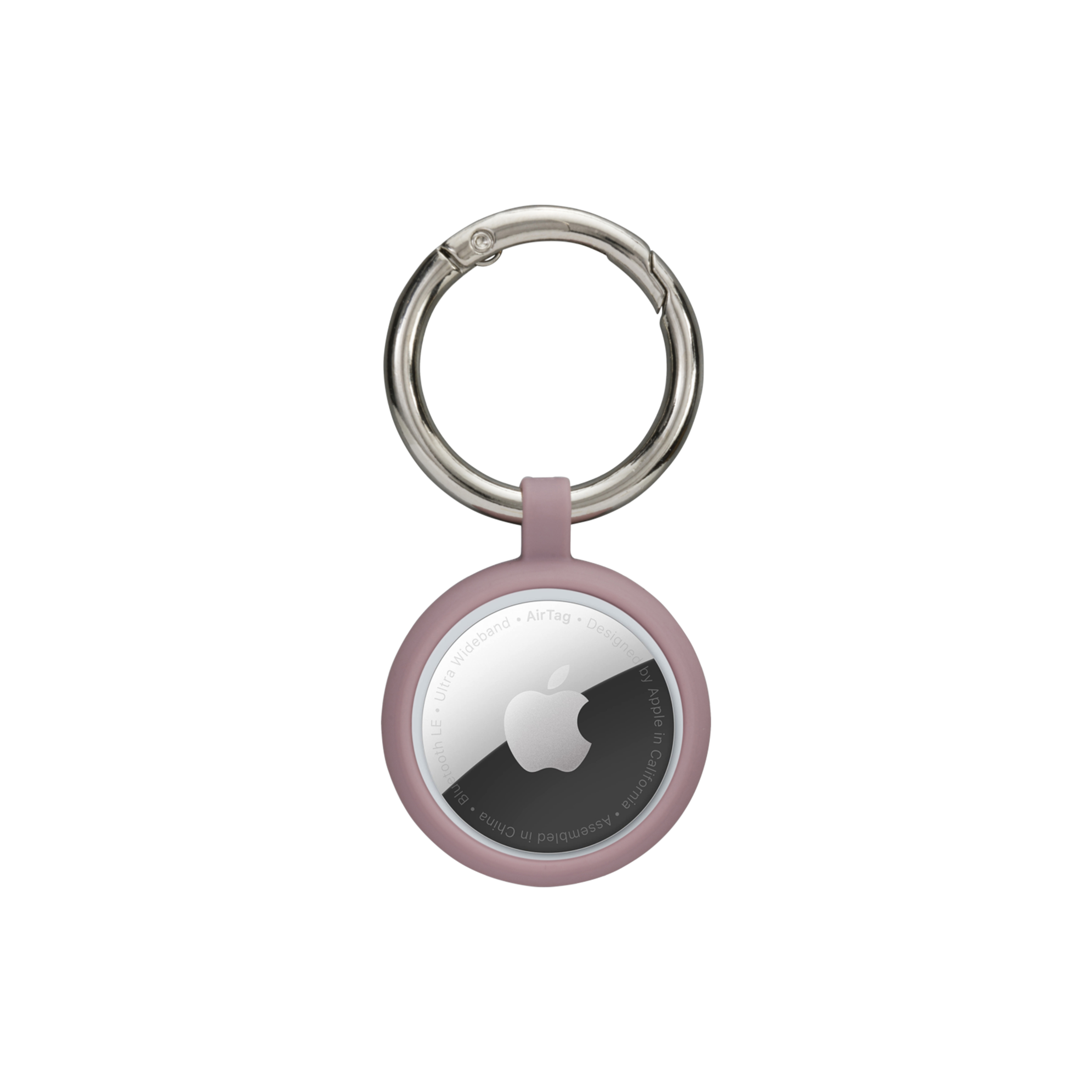 Un AirTag Apple con un portachiavi argentato e un tag circolare color rosa antico. Il logo Apple è visibile.