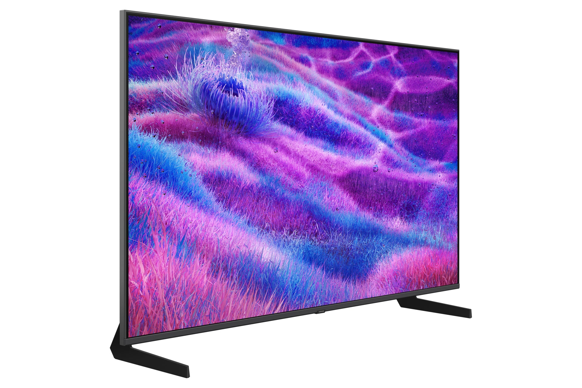 A large TV displays an abstract colorful image. It has black stands and a black frame. The background is white.