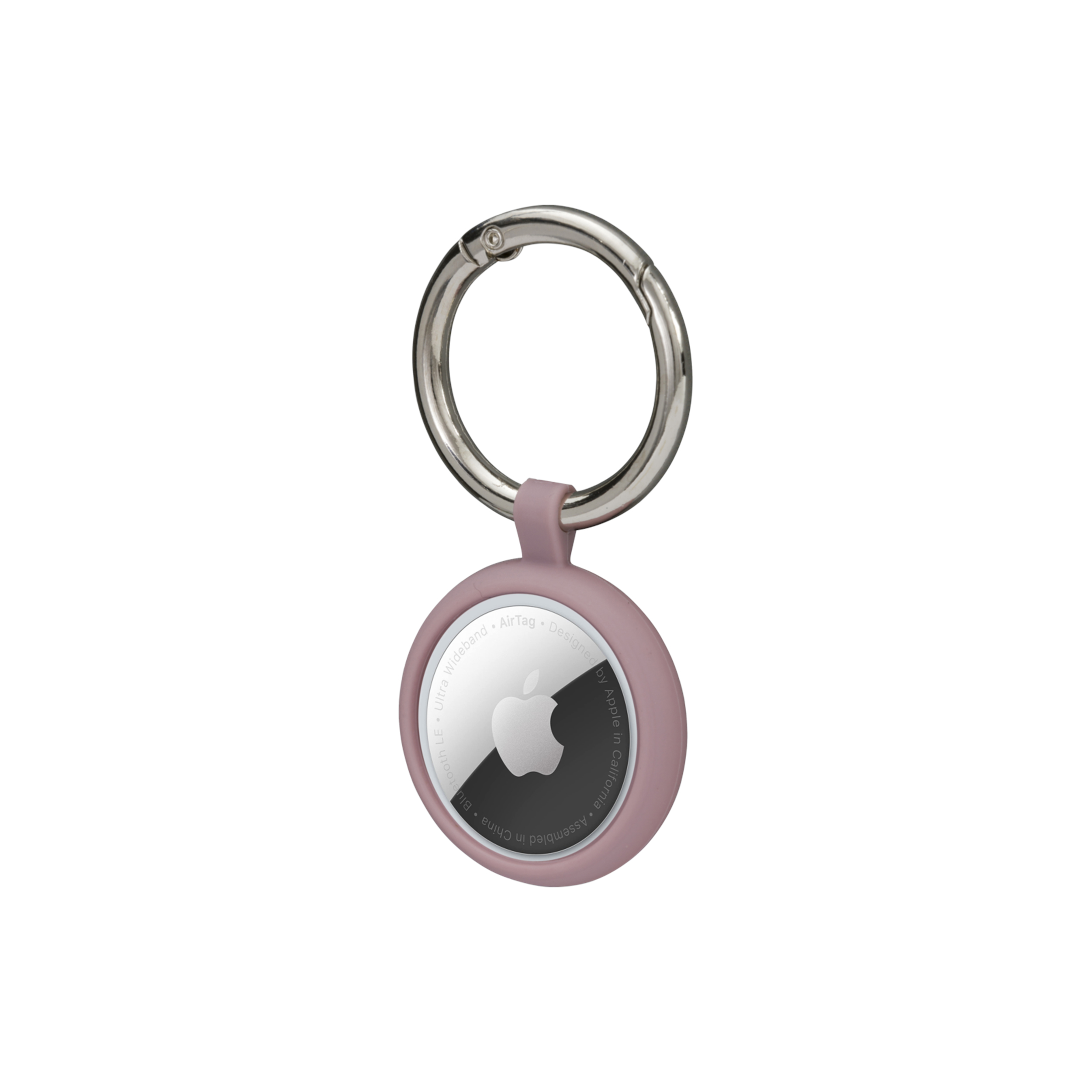 Un AirTag Apple lilla chiaro con un portachiavi argentato. Il logo Apple è visibile.