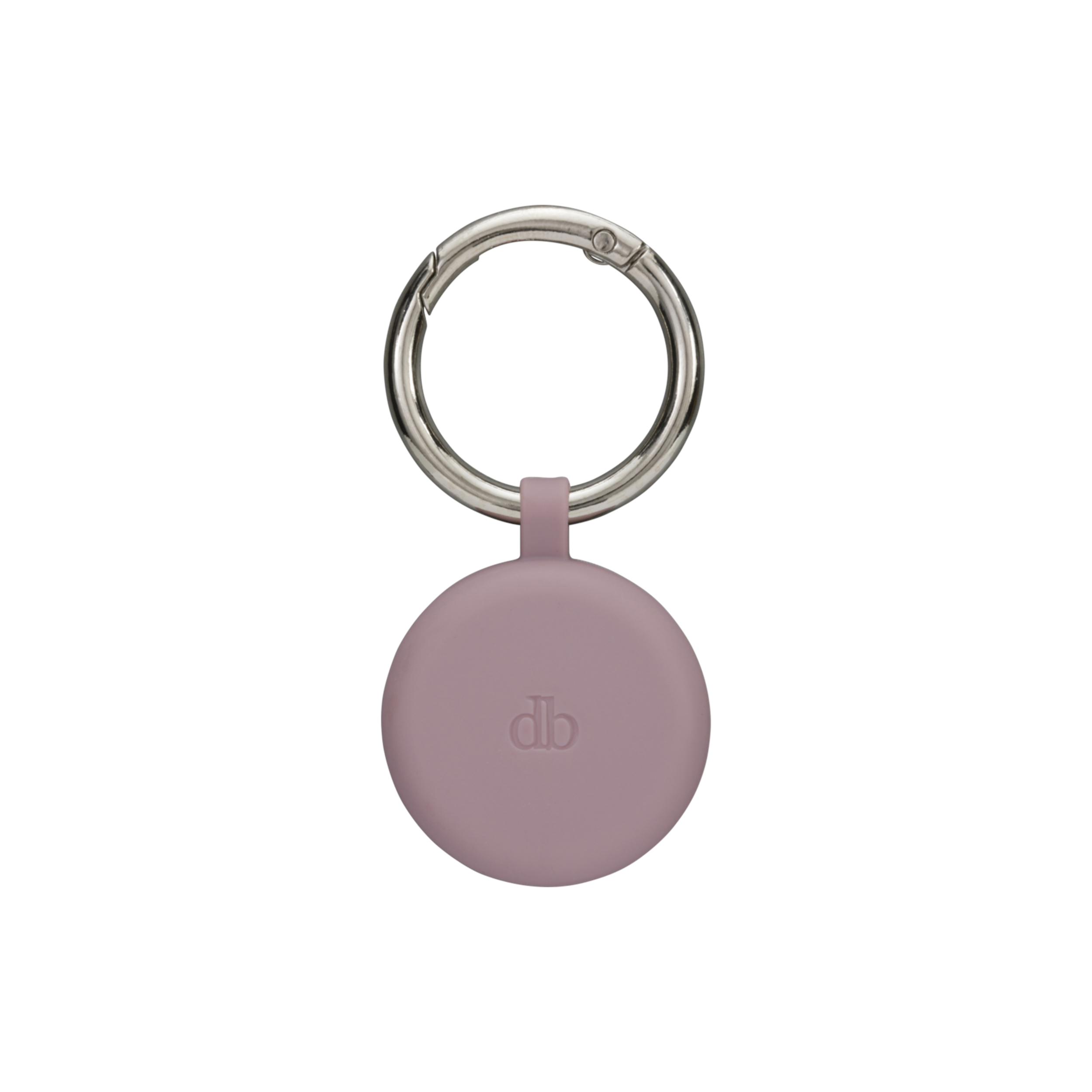 Un portachiavi con un'etichetta rotonda color lavanda. L'anello è argentato. L'etichetta ha le lettere 'db'.