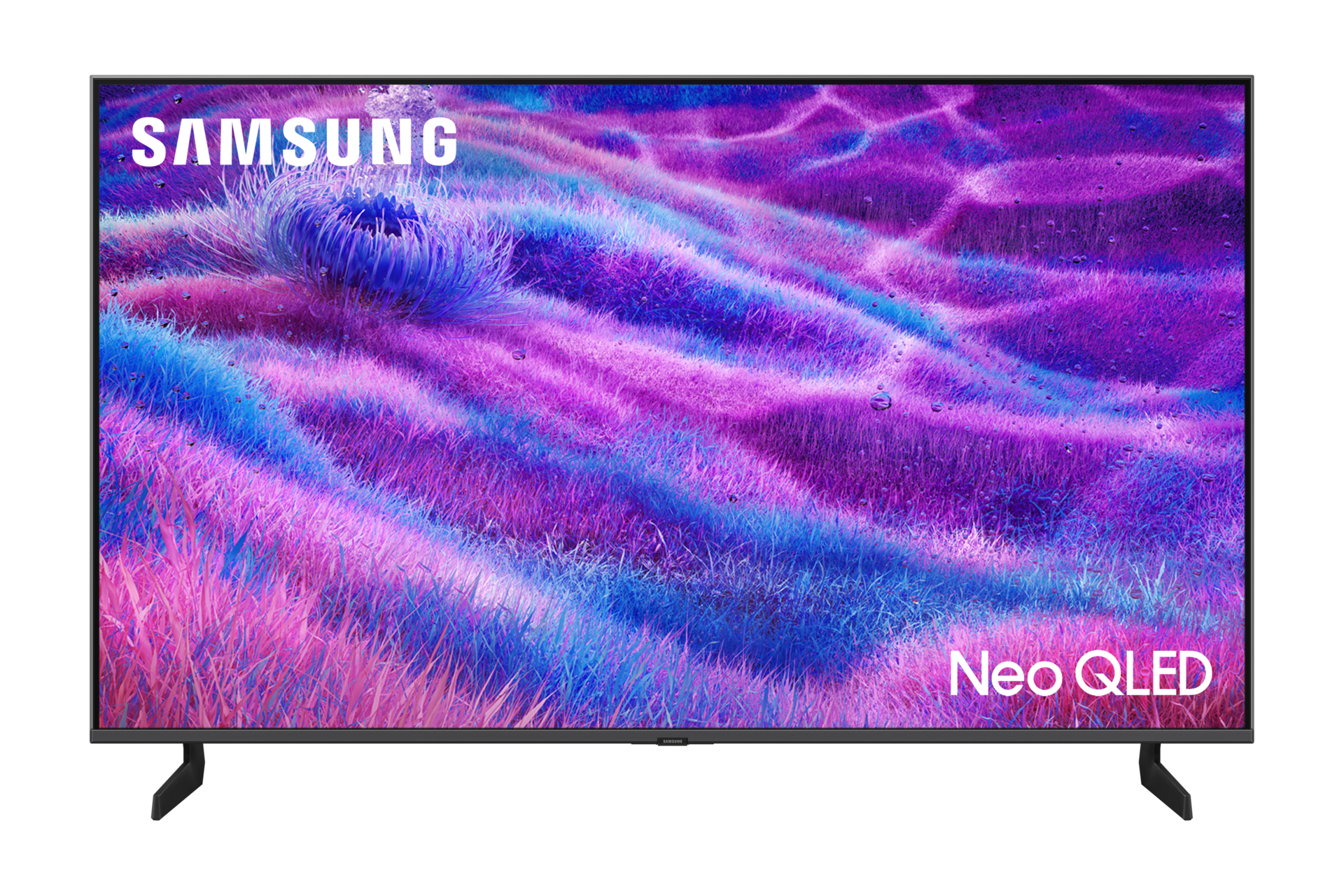 Samsung Neo QLED TV. Der Bildschirm zeigt eine abstrakte Landschaft aus lila, rosa und blauen Farbtönen. Der Markenname ist sichtbar.
