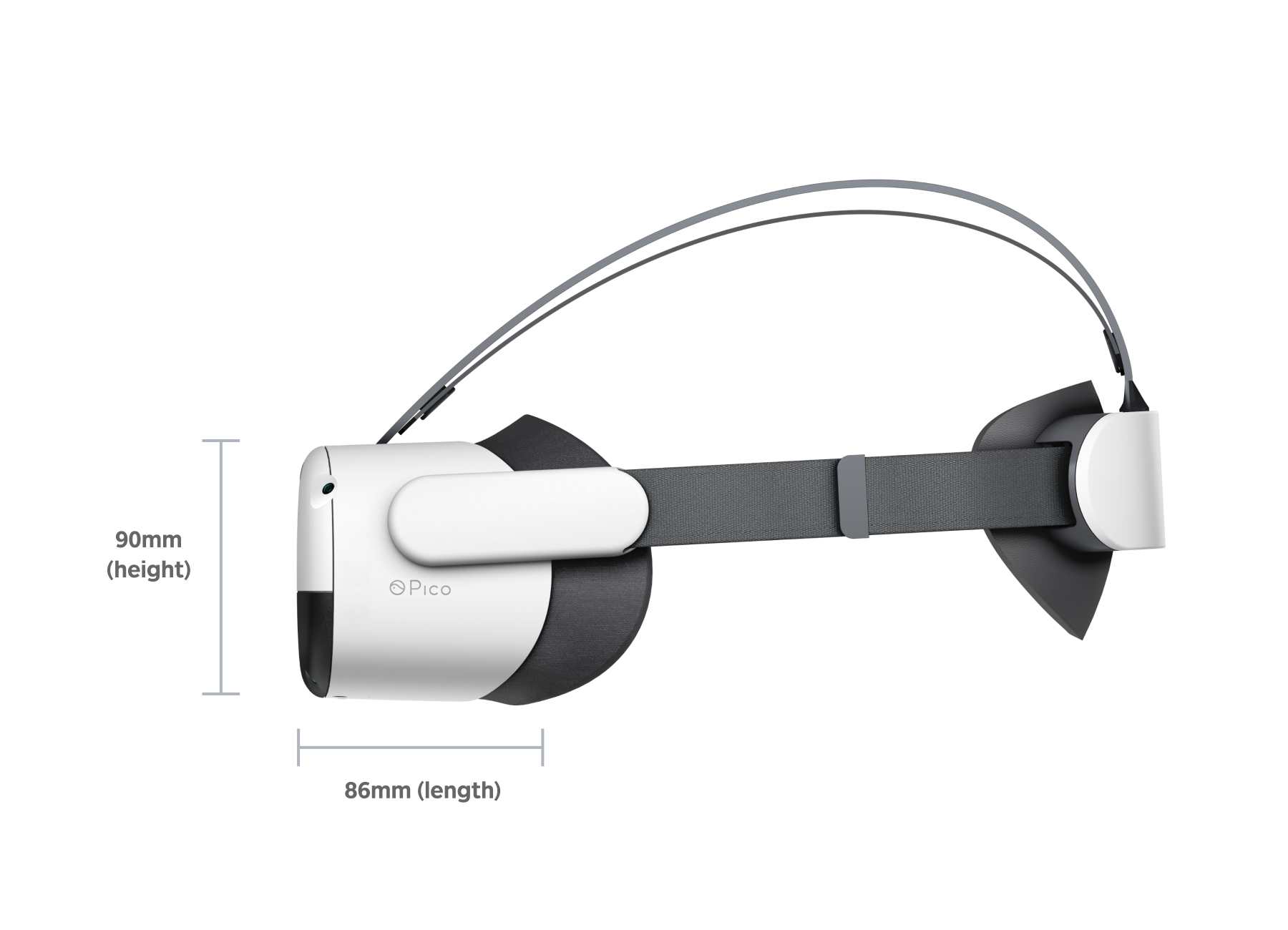 Biało-czarny zestaw VR marki Pico, z szarymi paskami i wymiarami 90 mm wysokości i 86 mm długości.