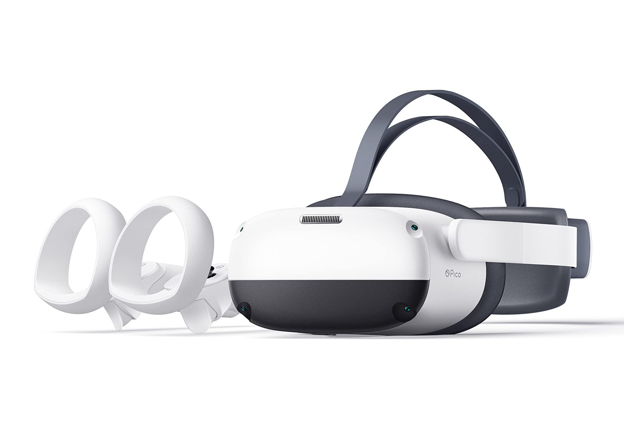 Wyświetlane są gogle VR i kontrolery. Gogle są biało-czarne, z szarymi paskami. Kontrolery są białe, z pętlami.