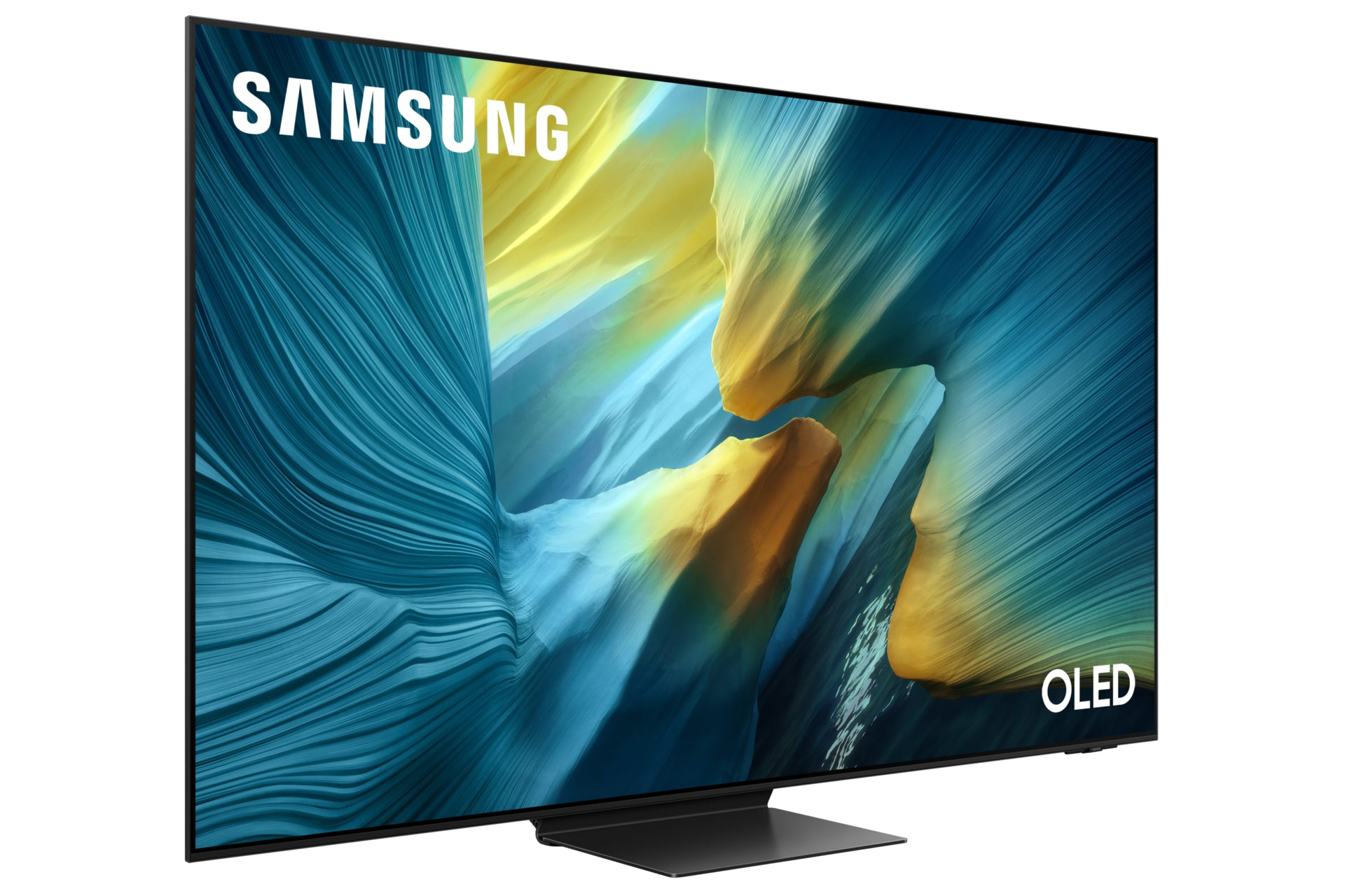 Telewizor Samsung OLED wyświetla kolorowy, abstrakcyjny obraz. Ekran jest obramowany na czarno, widoczne logo OLED.