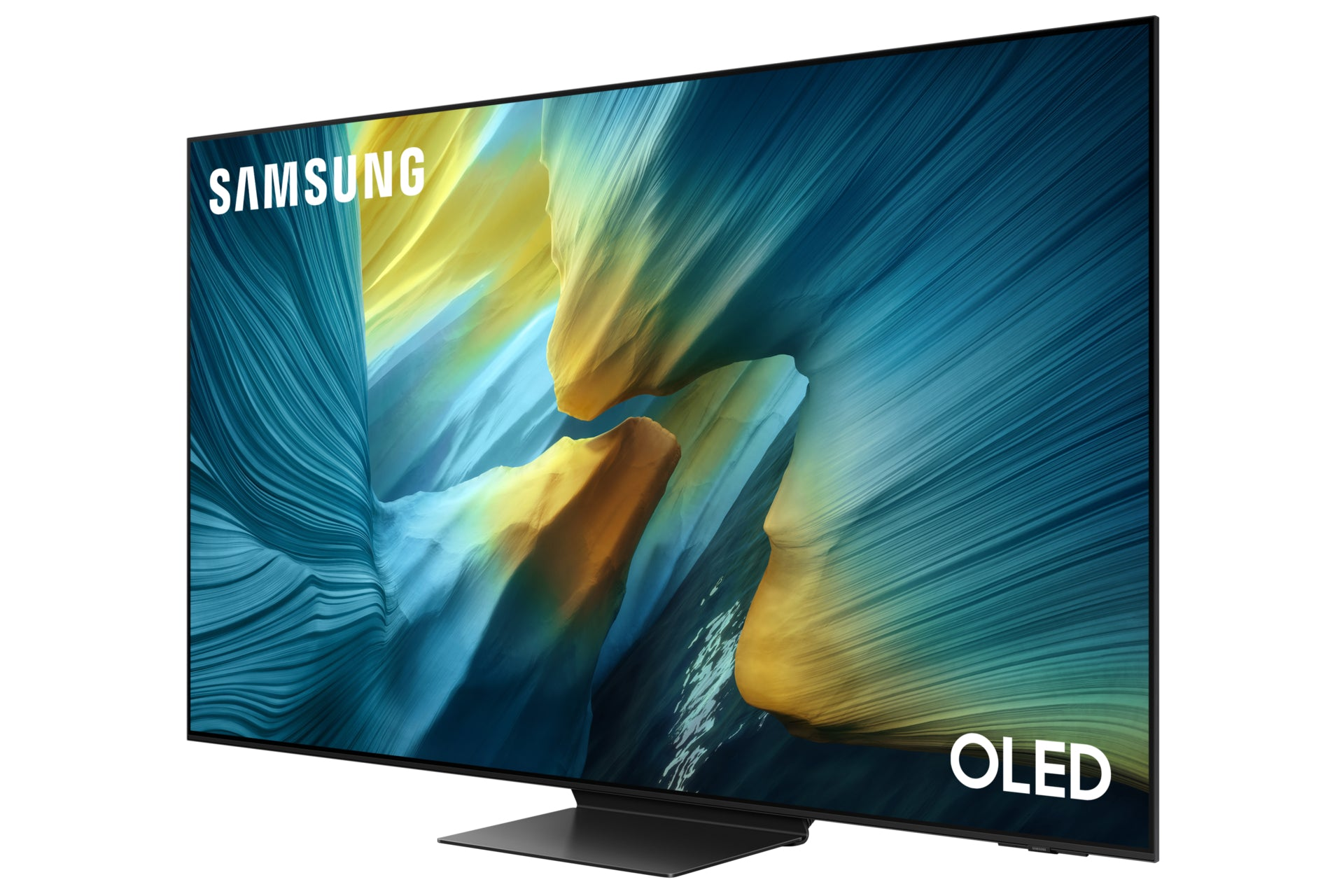 Telewizor OLED Samsung wyświetla abstrakcyjny, kolorowy obraz. Telewizor jest czarny, widoczne jest logo OLED. Podstawa jest kwadratowa i czarna.