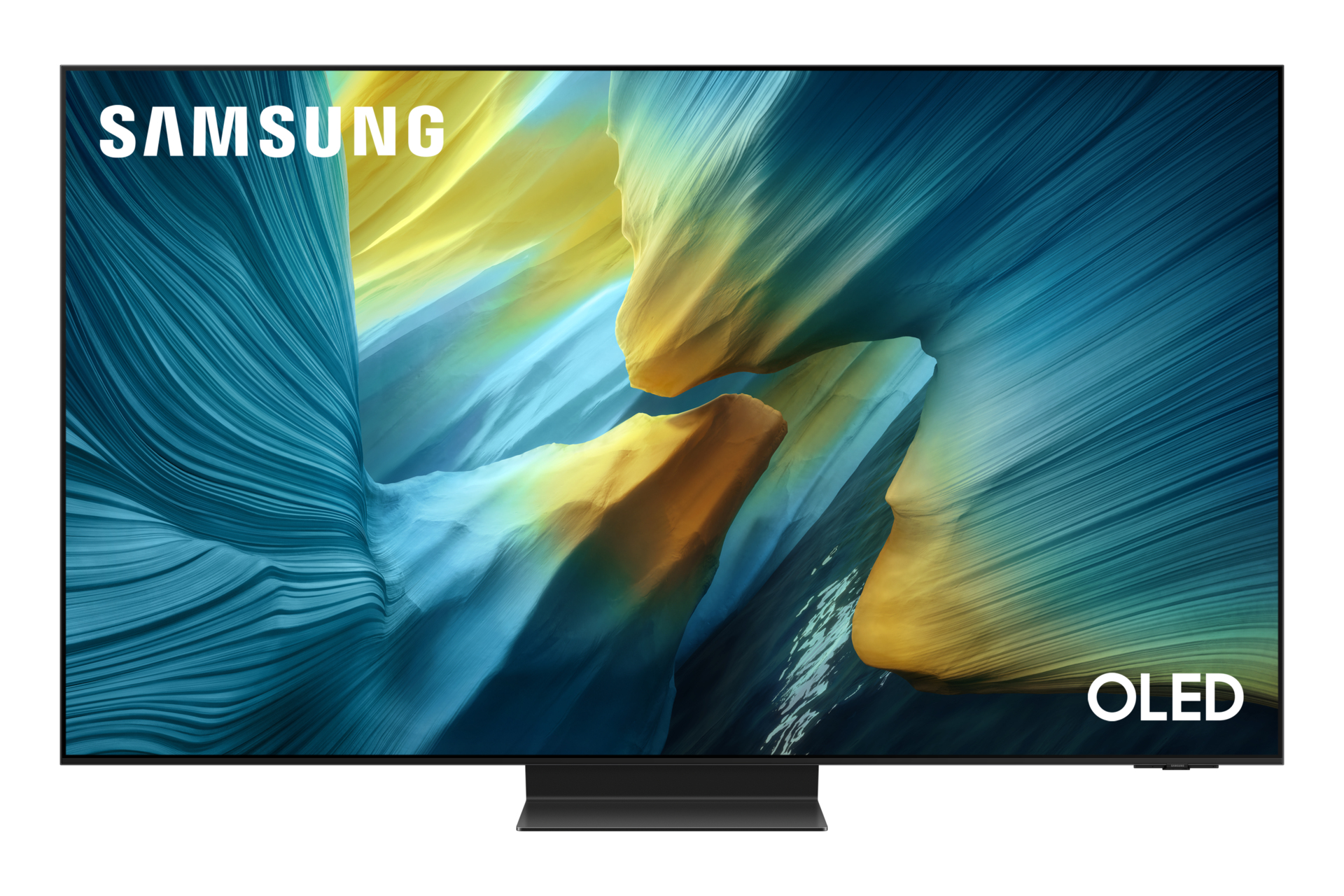 Telewizor Samsung OLED. Wyświetlacz przedstawia abstrakcyjną sztukę w odcieniach niebieskiego, żółtego i pomarańczowego. Telewizor ma czarną ramę i podstawę.