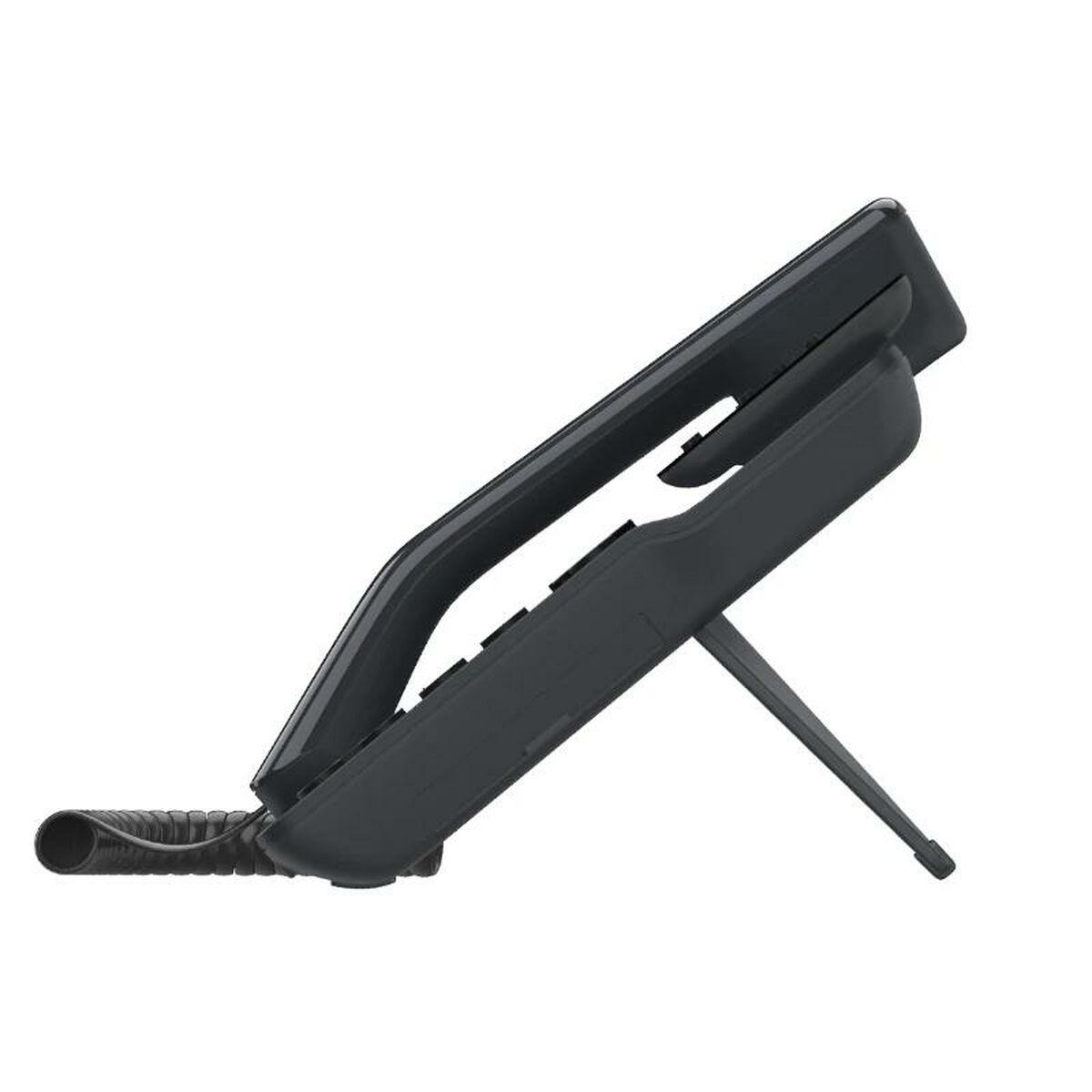 Czarny telefon biurowy na białym tle, ustawiony pod kątem, aby pokazać słuchawkę, podstawę i stojak. Kabel jest zwinięty.