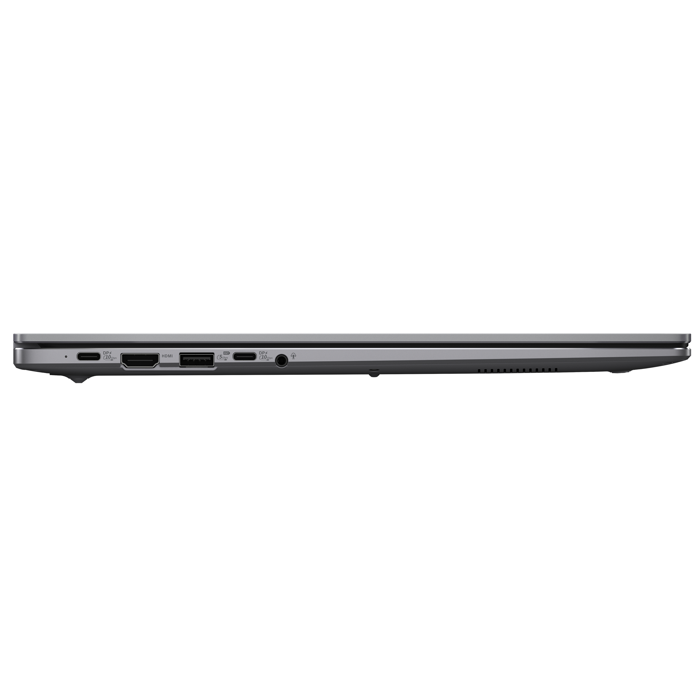 Vista laterale di un laptop grigio. Le porte visibili includono USB, HDMI e jack audio. Il laptop è su sfondo bianco.