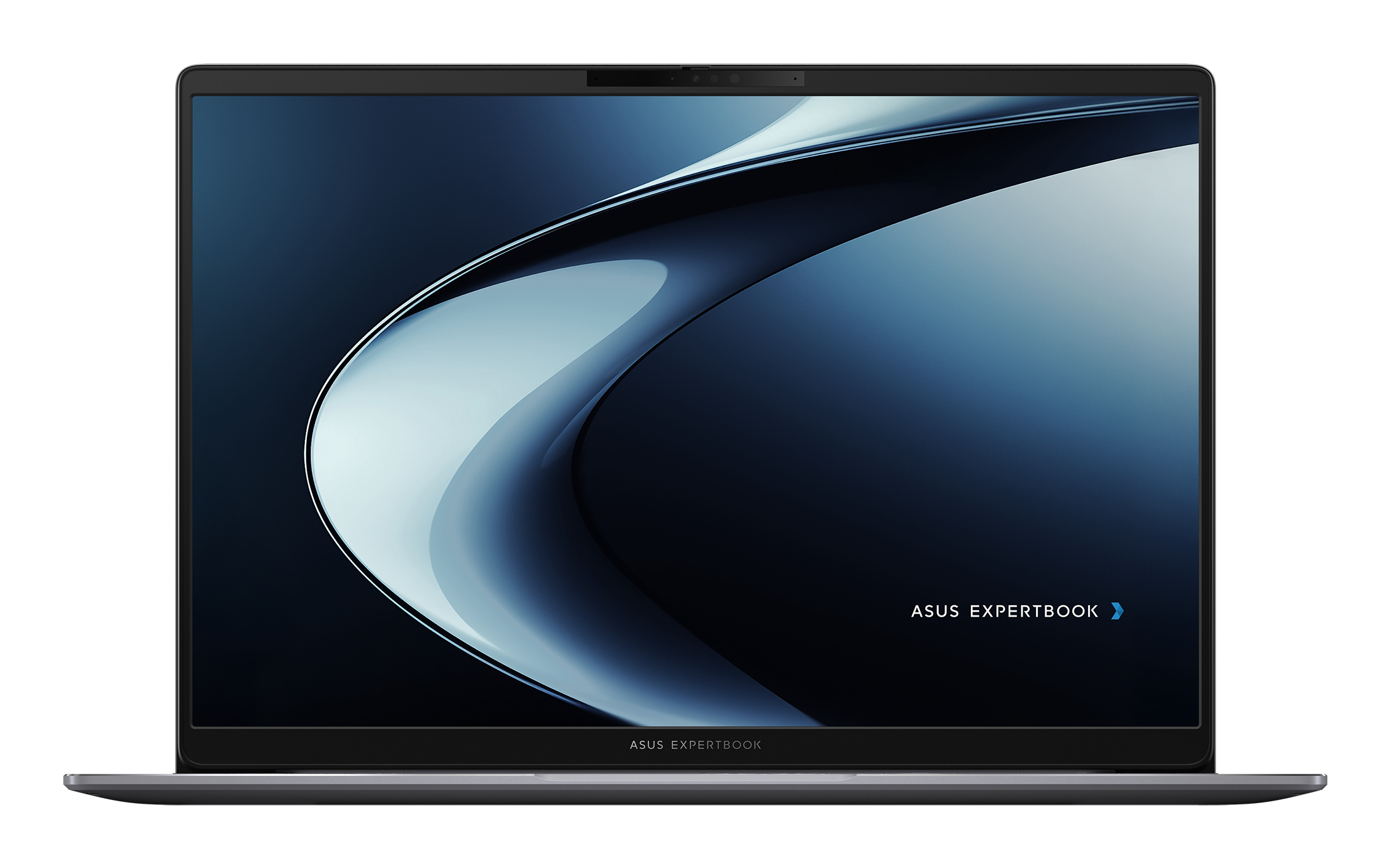 Un portátil con pantalla oscura que muestra un diseño curvo y abstracto. El logotipo de ASUS Expertbook es visible. El portátil está sobre un fondo blanco.