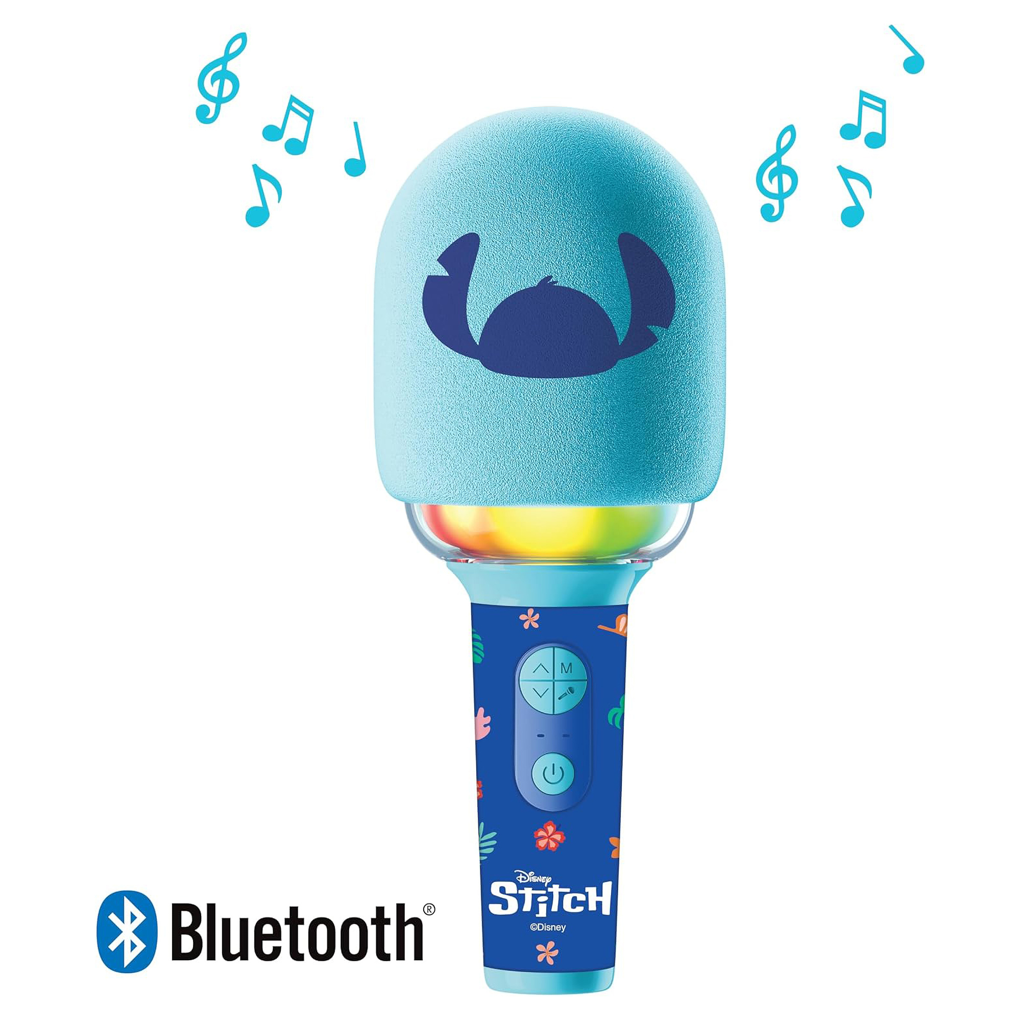 Niebieski mikrofon Stitch z nutami. Ma twarz Stitcha na górze i logo Bluetooth na dole.