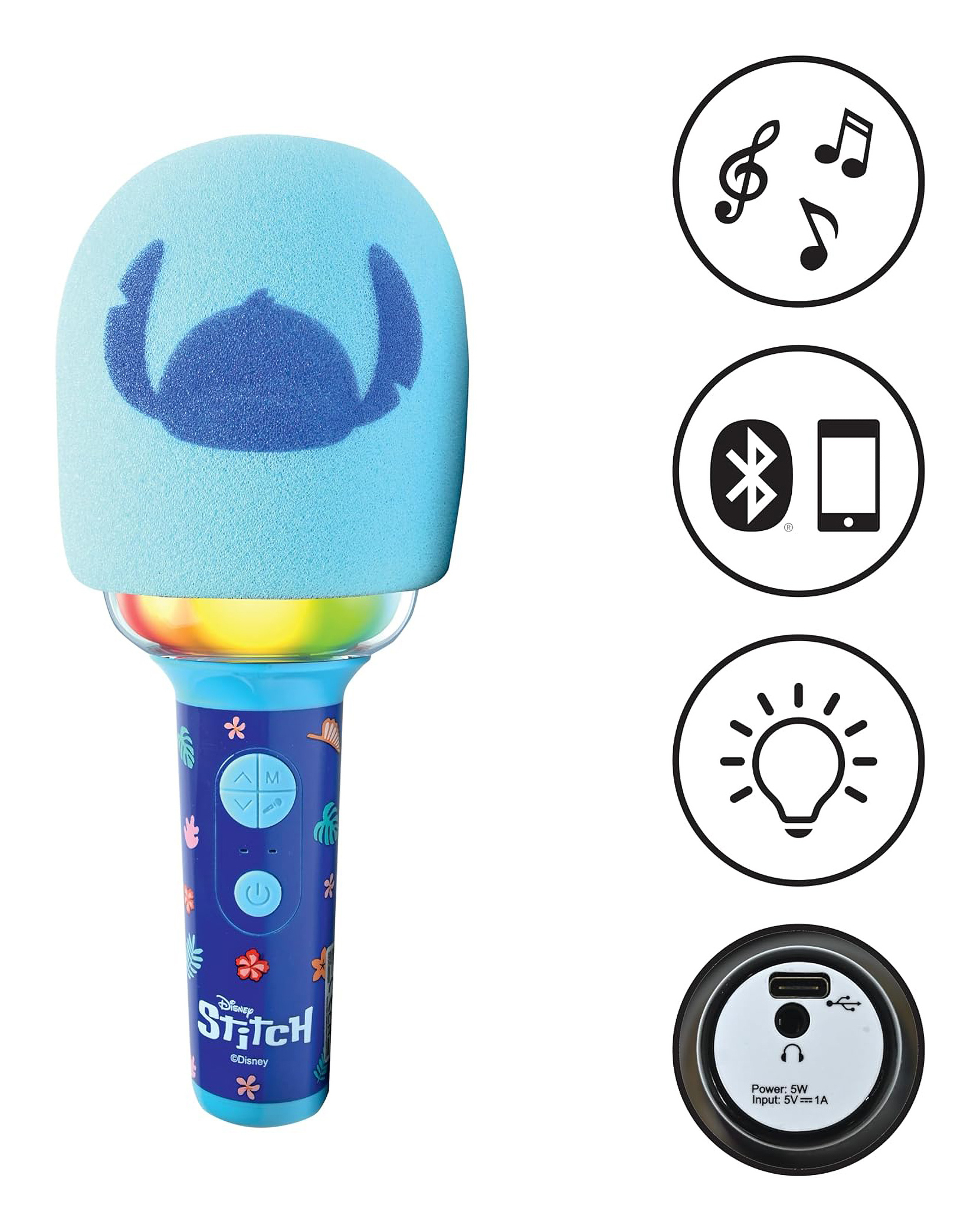 Zabawka mikrofon Stitch z niebieską piankową głowicą. Zawiera nuty muzyczne, Bluetooth, światło i port ładowania.