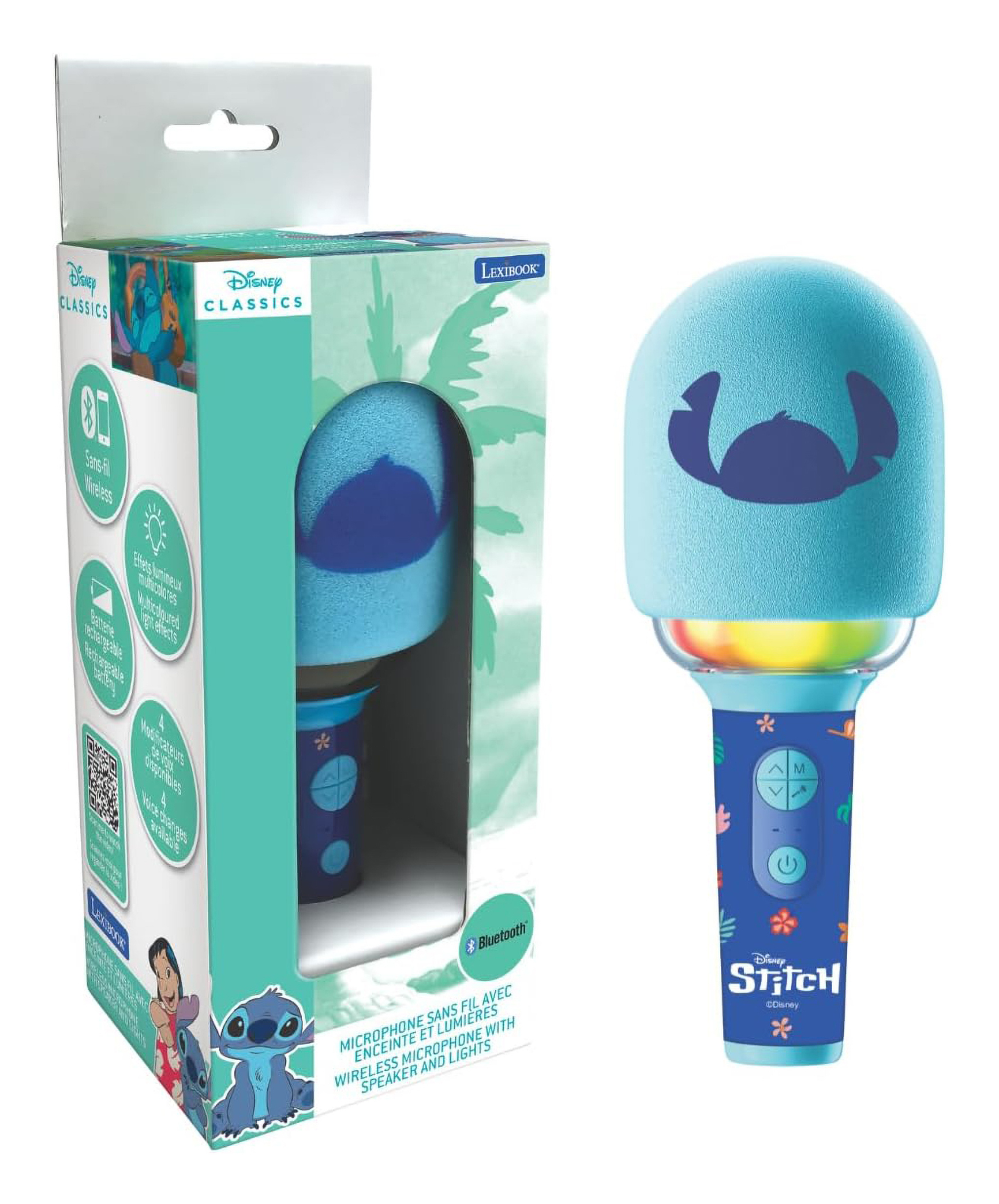 Mikrofon Stitch w pudełku. Mikrofon jest niebieski z motywem Stitch, a na pudełku widnieje logo Disney Classics.