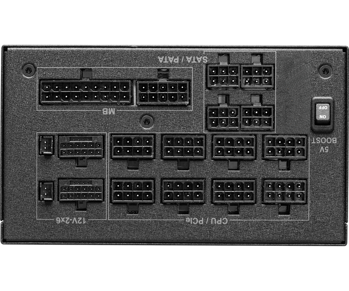 Czarny zasilacz do komputera z różnymi złączami oznaczonymi SATA/PATA, MB, 12V-2x6 i CPU/PCle. Zawiera włącznik/wyłącznik.
