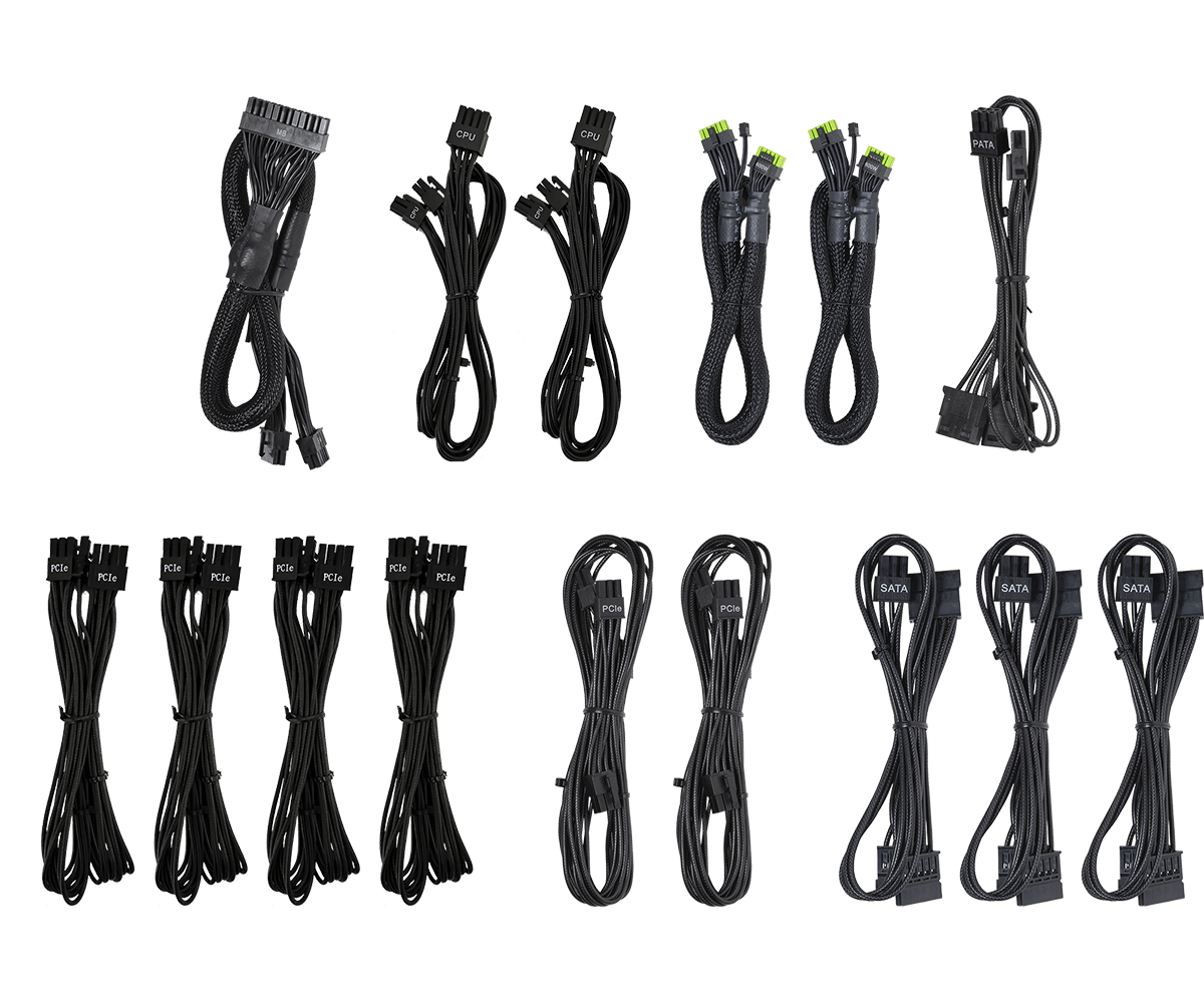 Różne czarne kable zasilające do komputera są ułożone na białym tle. Kable obejmują złącza CPU, PCIe, SATA i PATA.