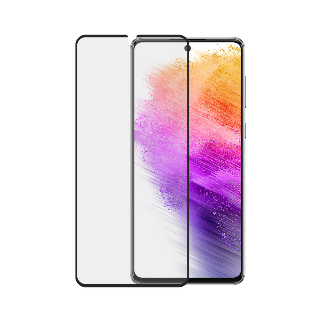 Pellicola protettiva per smartphone accanto a un telefono. Lo schermo del telefono mostra tratti colorati. Il protettore è trasparente.
