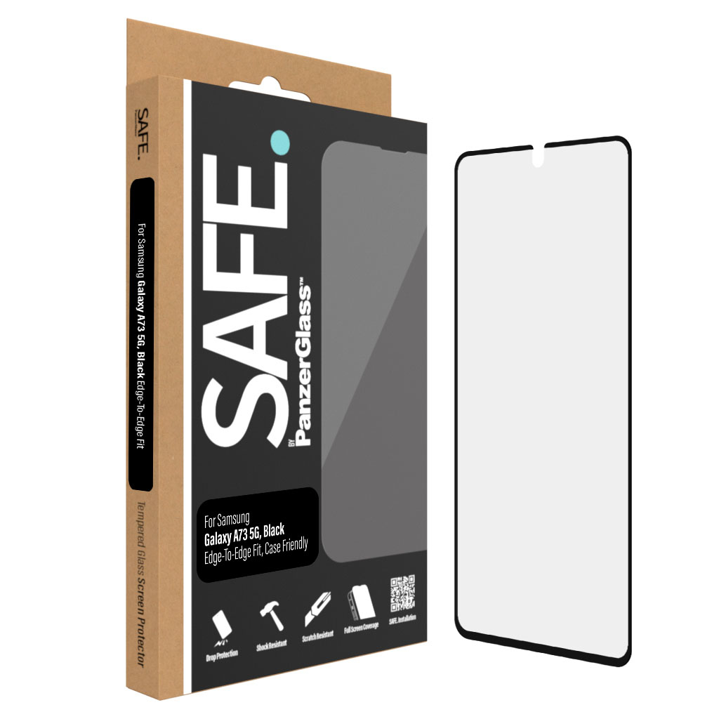 Scatola di protezione schermo PanzerGlass per Samsung Galaxy A73 5G. La scatola è bianca e nera con informazioni sul prodotto.