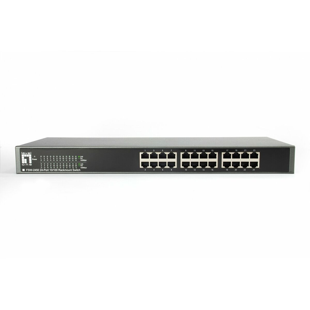 Een zwarte LevelOne FSW-2450 24-poorts rackmount switch. Het heeft genummerde poorten en indicatielampjes op een witte achtergrond.