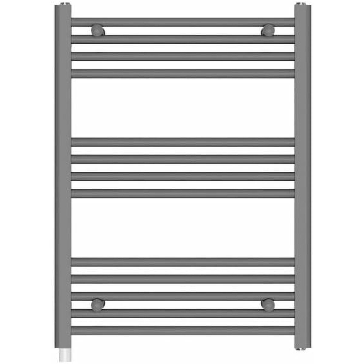 Szary wieszak na ręczniki z poziomymi prętami. Dwa pionowe pręty podtrzymują poziome pręty. Widoczne są trzy małe, okrągłe gałki.