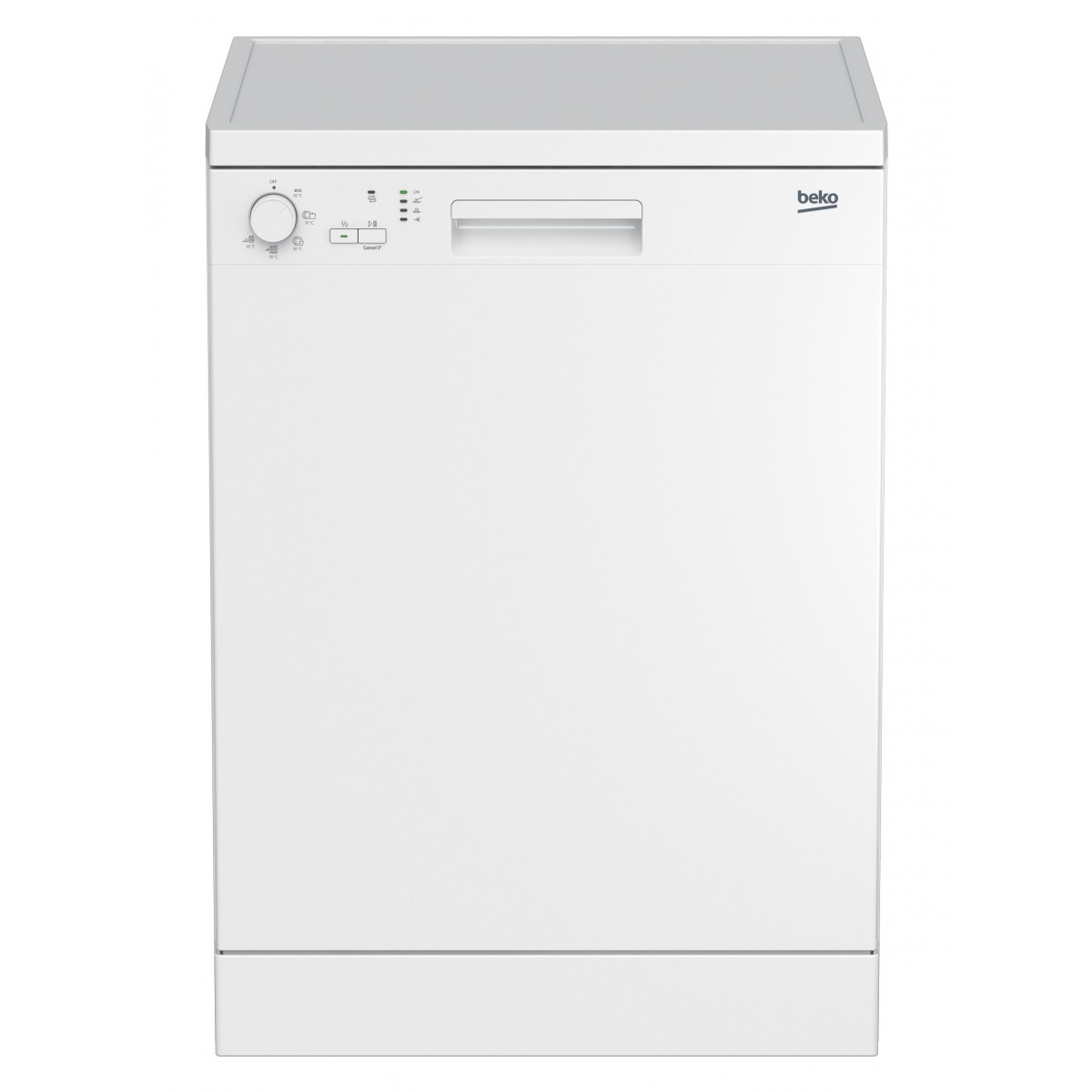 Una lavastoviglie Beko bianca. Ha un pannello di controllo con pulsanti e luci. La porta ha una maniglia. Il marchio è visualizzato a destra.