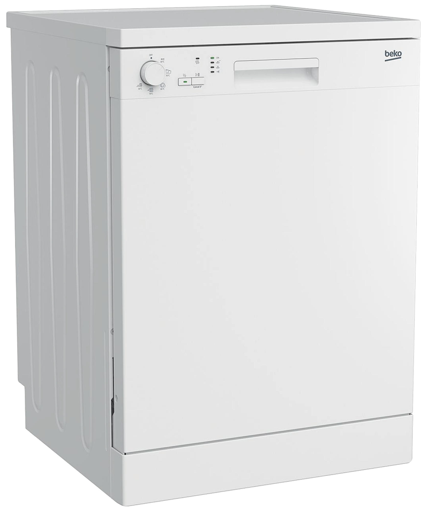 Lavastoviglie Beko bianca, vista frontale. Ha un pannello di controllo con pulsanti e una maniglia. Il logo Beko è visibile.