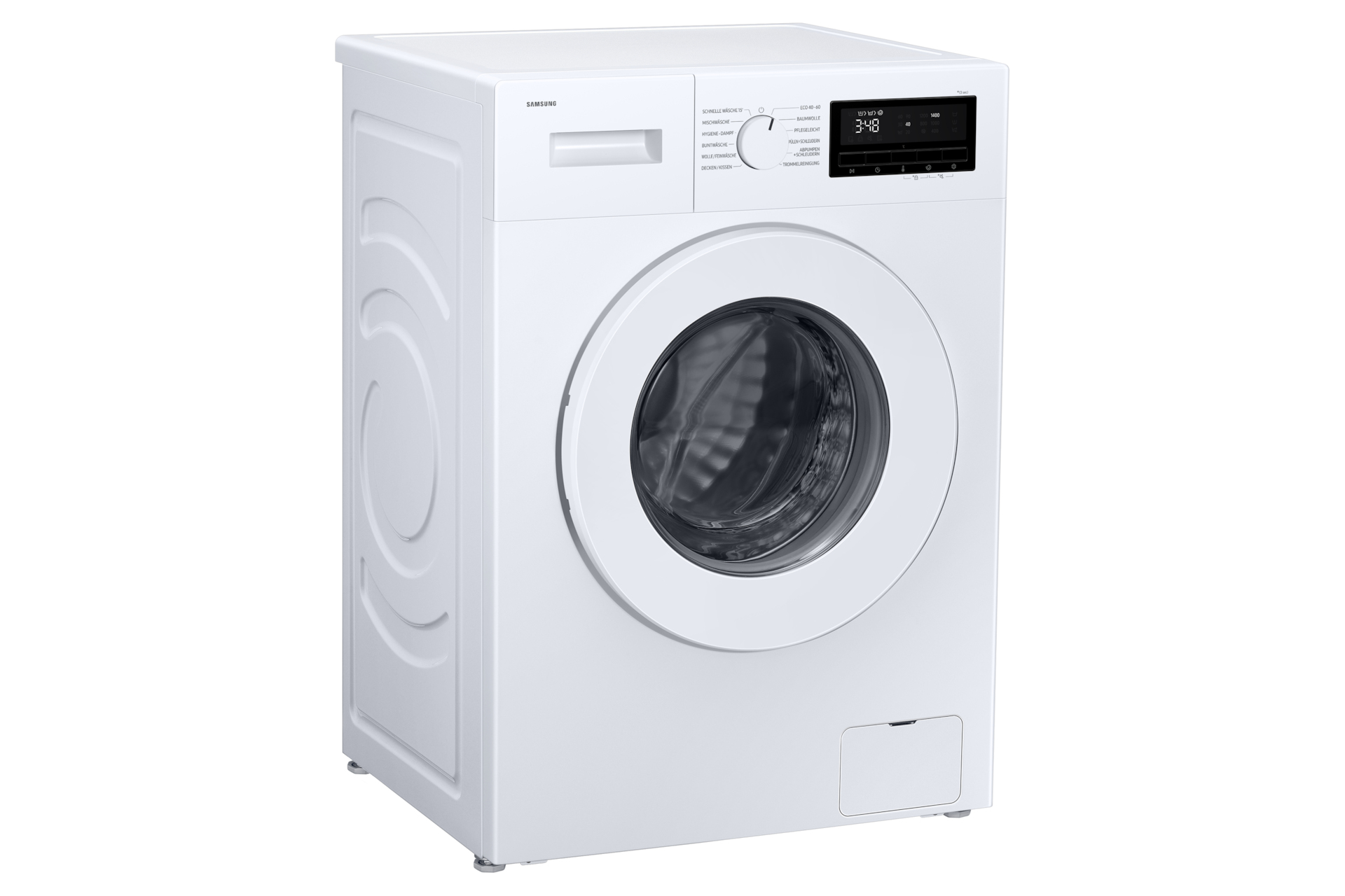 Una lavadora Samsung blanca. Tiene una puerta circular, una pantalla digital que muestra 3:48 y varios botones.